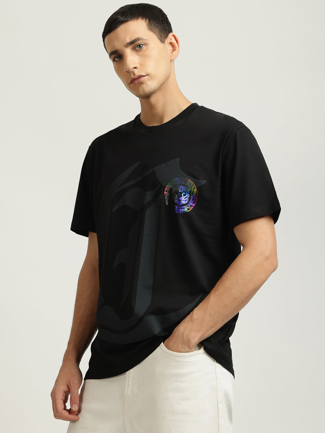Just Cavalli Men Black Printed Round Neck Short Sleeves Tshirt