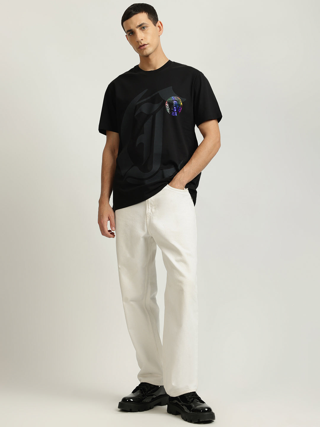 Just Cavalli Men Black Printed Round Neck Short Sleeves Tshirt