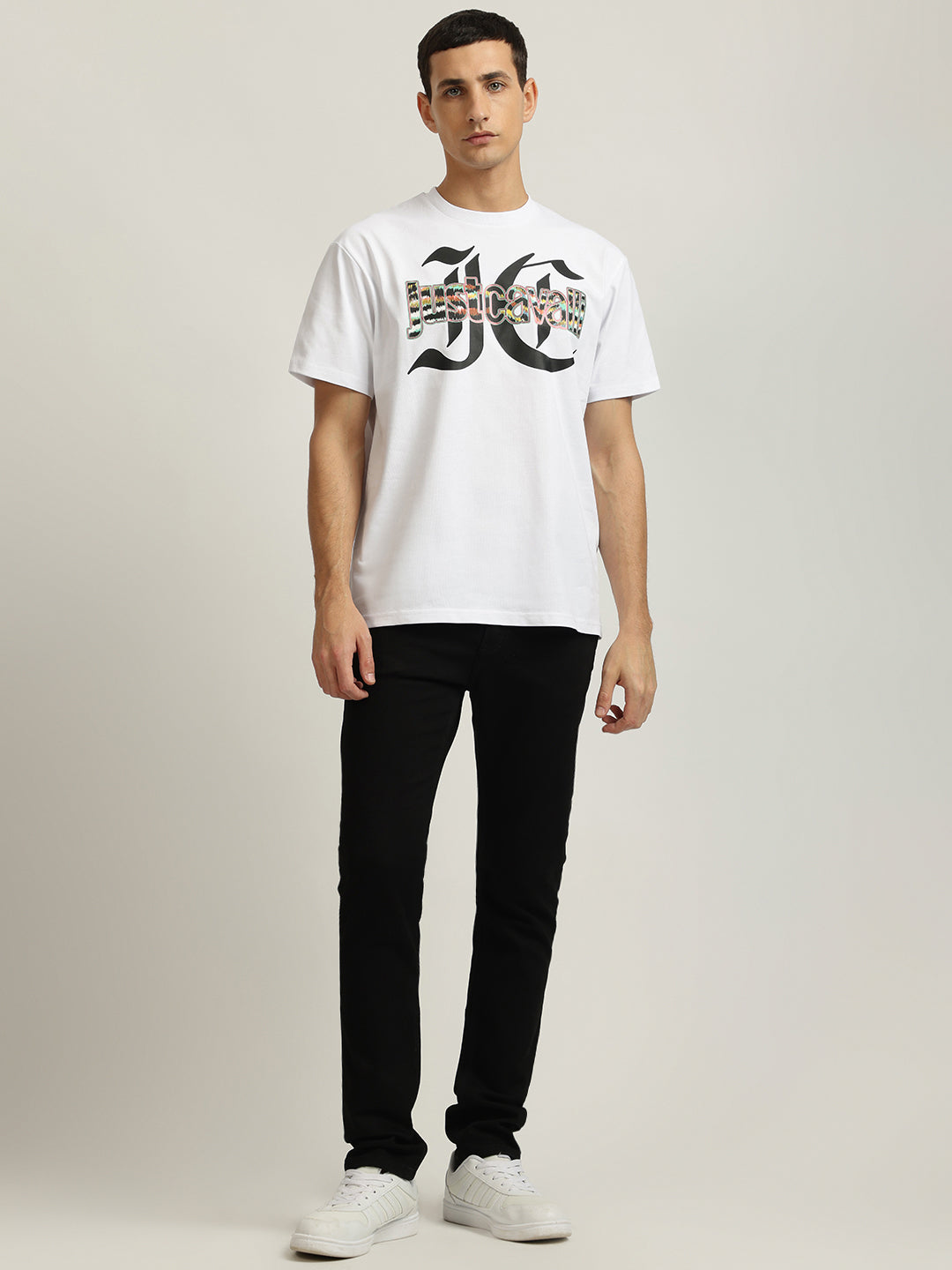 Just Cavalli Men White Printed Round Neck Short Sleeves Tshirt