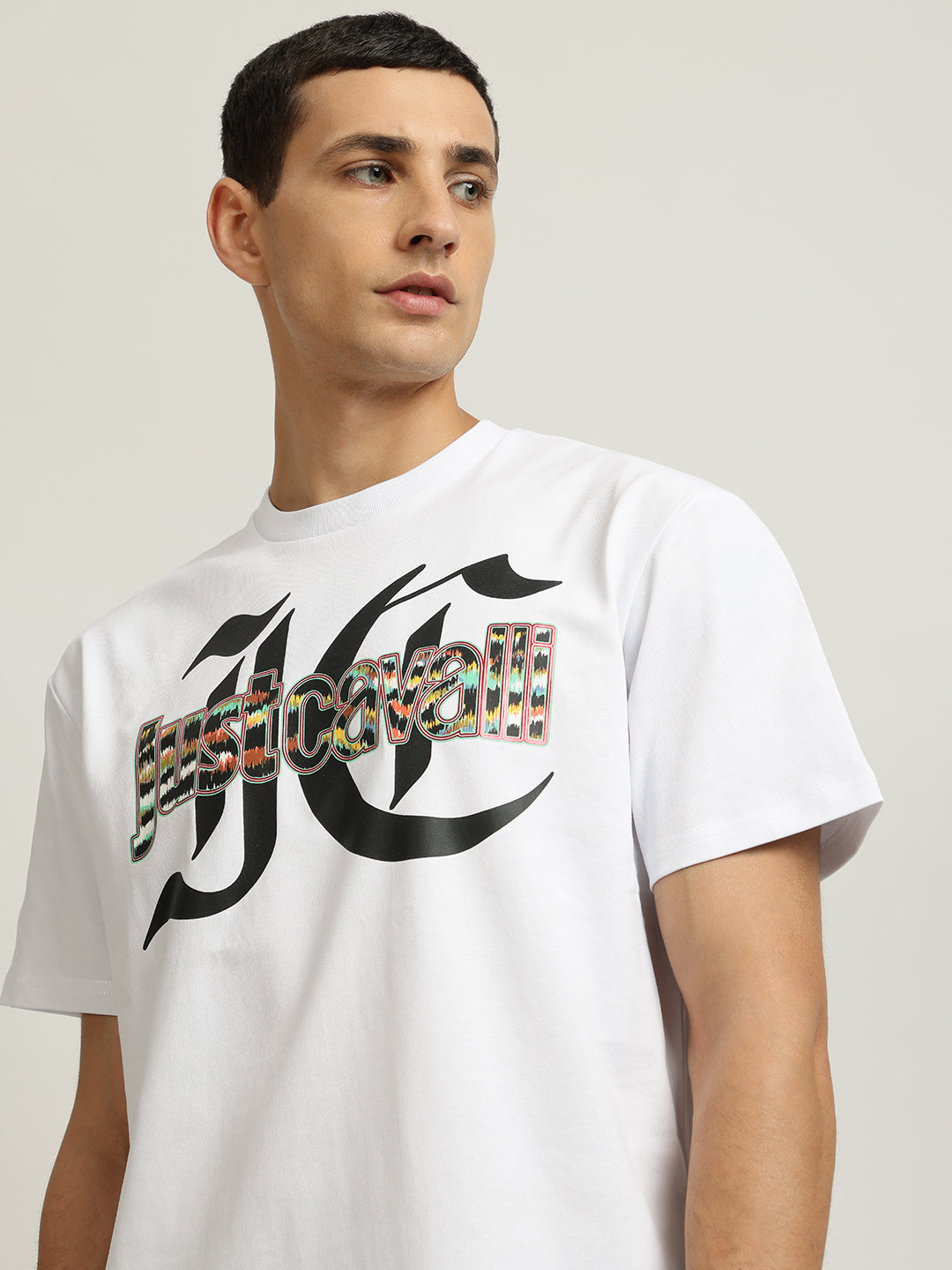 Just Cavalli Men White Printed Round Neck Short Sleeves Tshirt