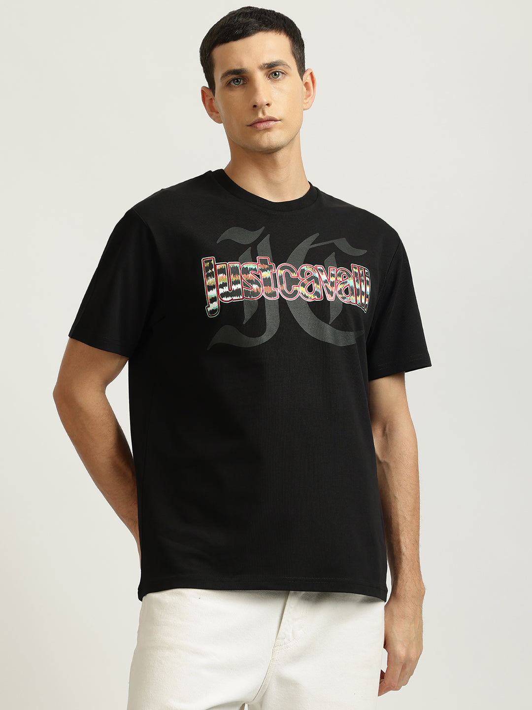 Just Cavalli Men Black Printed Round Neck Short Sleeves Tshirt