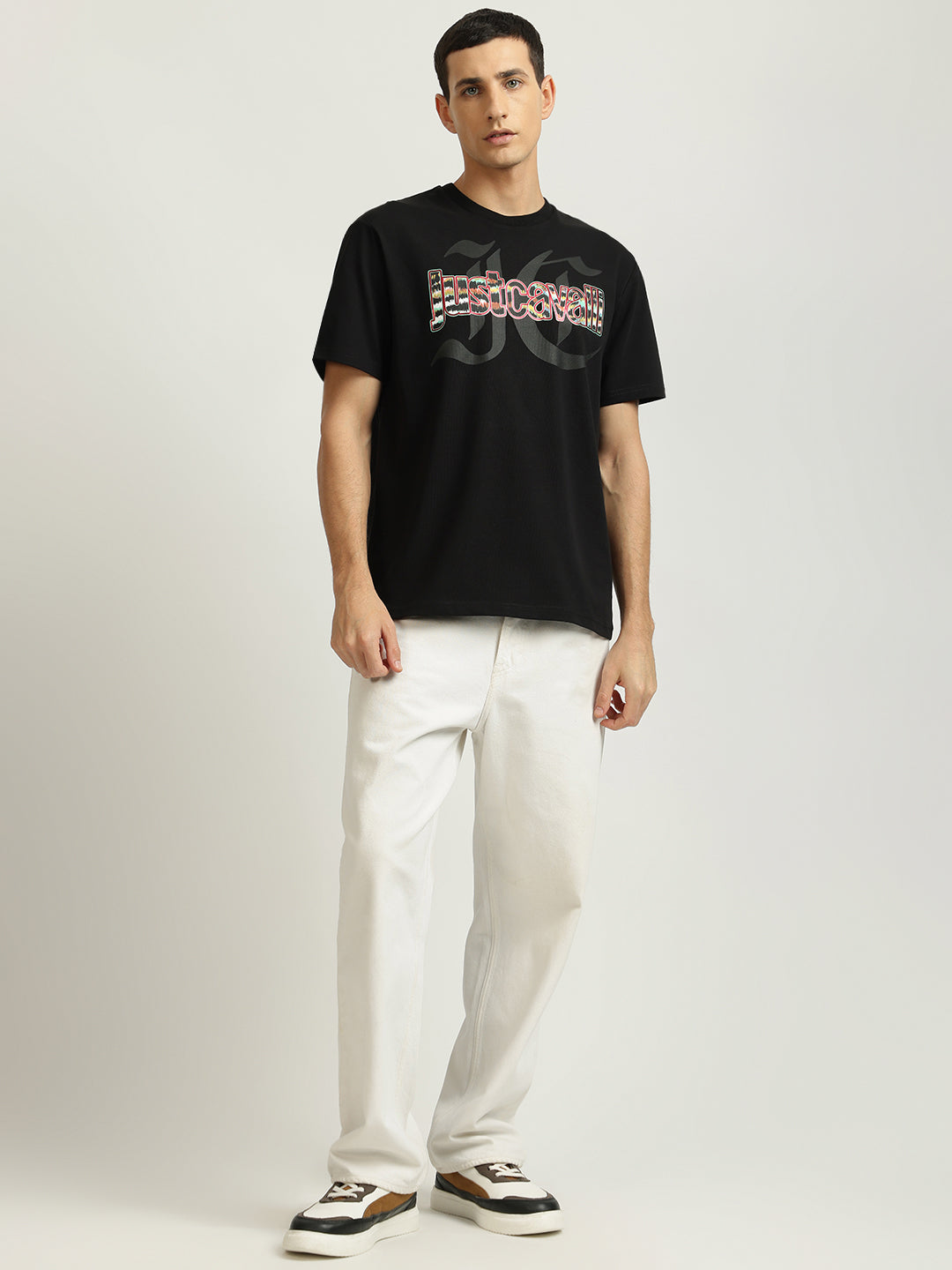 Just Cavalli Men Black Printed Round Neck Short Sleeves Tshirt