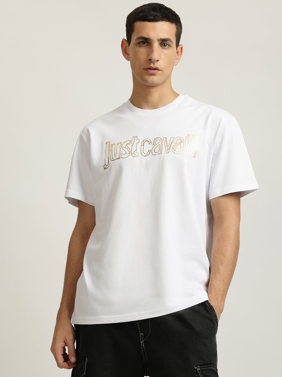 Just Cavalli Men White Printed Round Neck Short Sleeves Tshirt