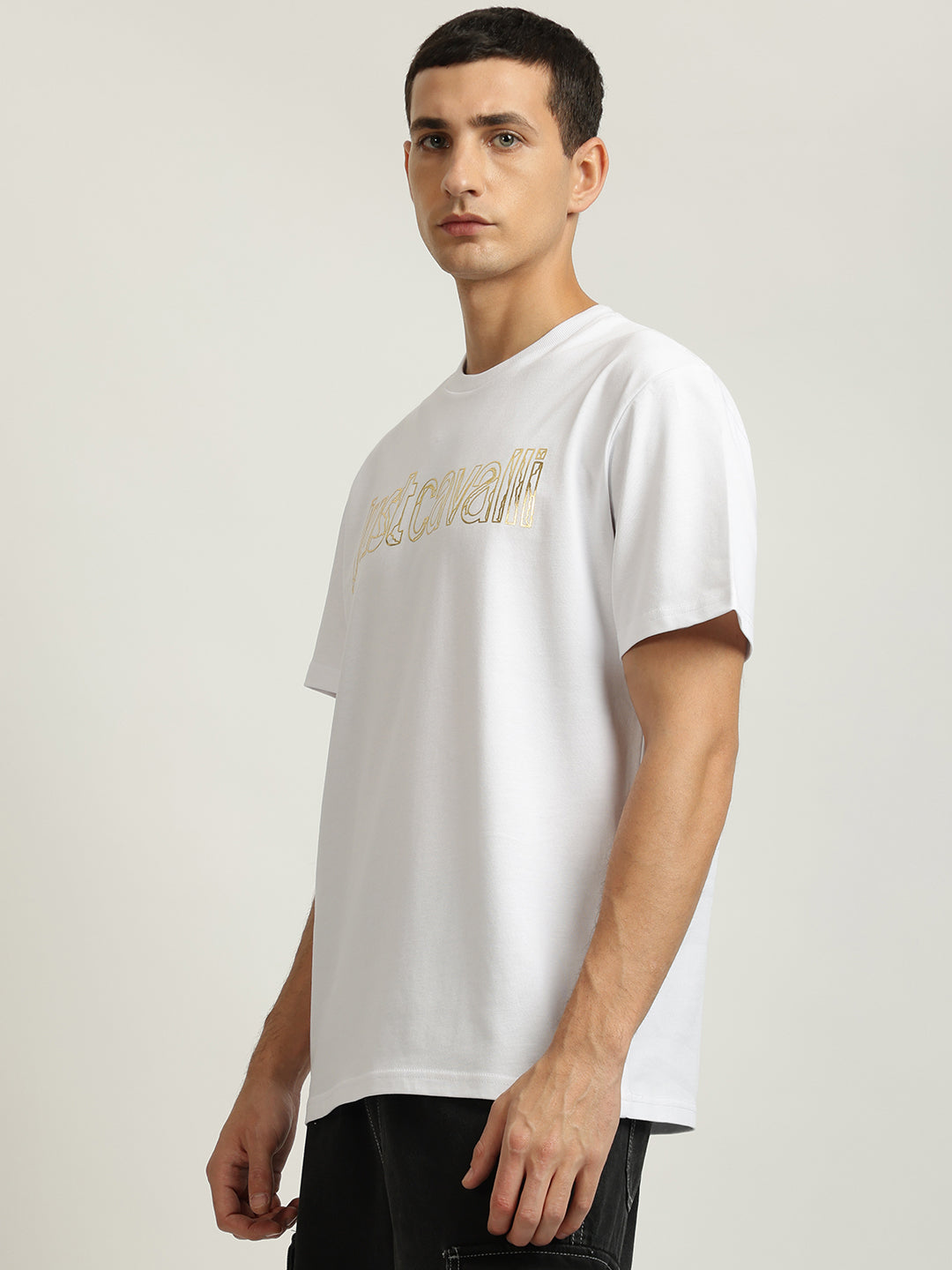 Just Cavalli Men White Printed Round Neck Short Sleeves Tshirt