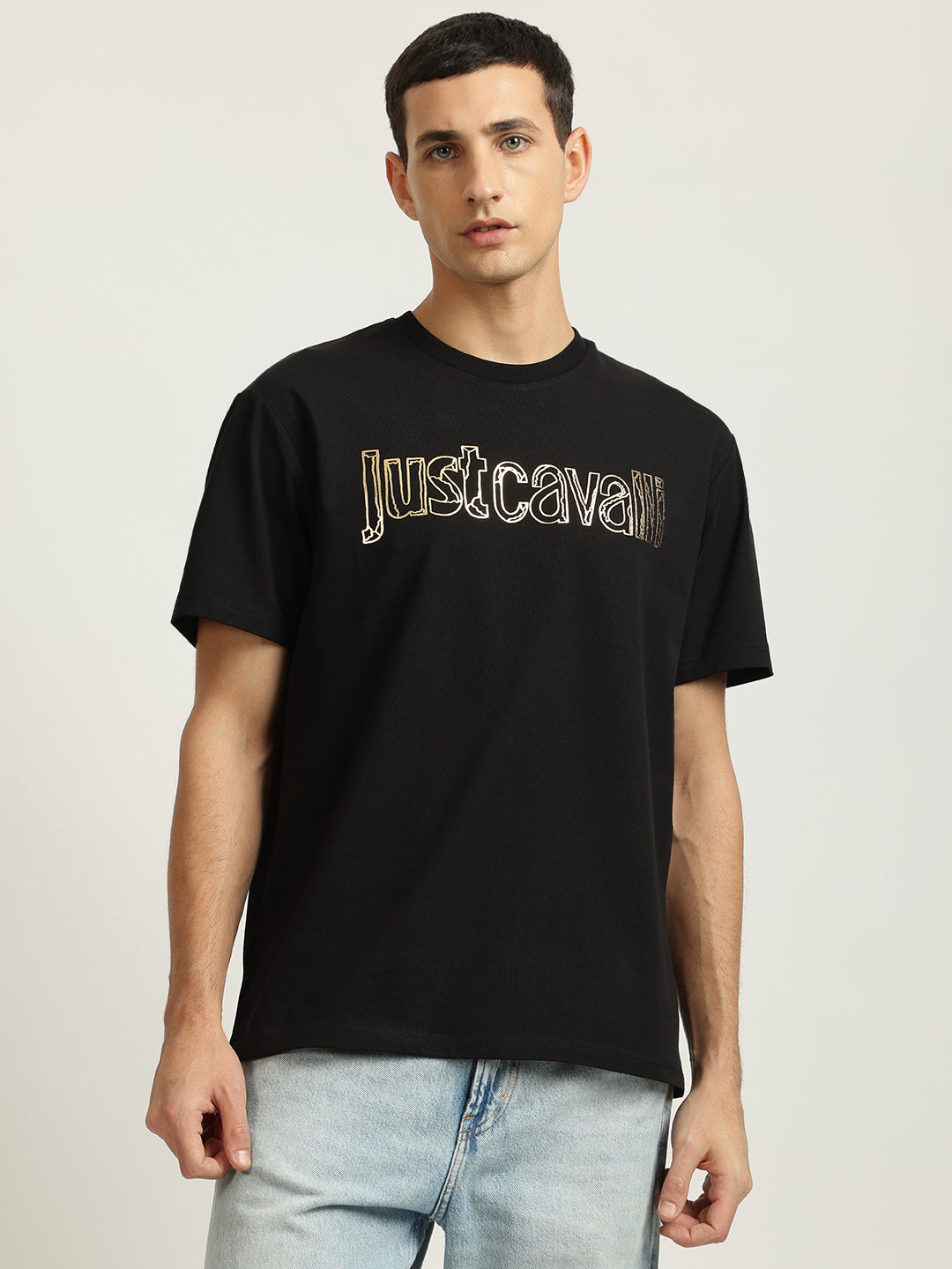 Just Cavalli Men Black Printed Round Neck Short Sleeves Tshirt