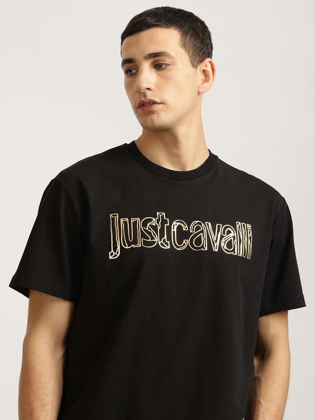Just Cavalli Men Black Printed Round Neck Short Sleeves Tshirt