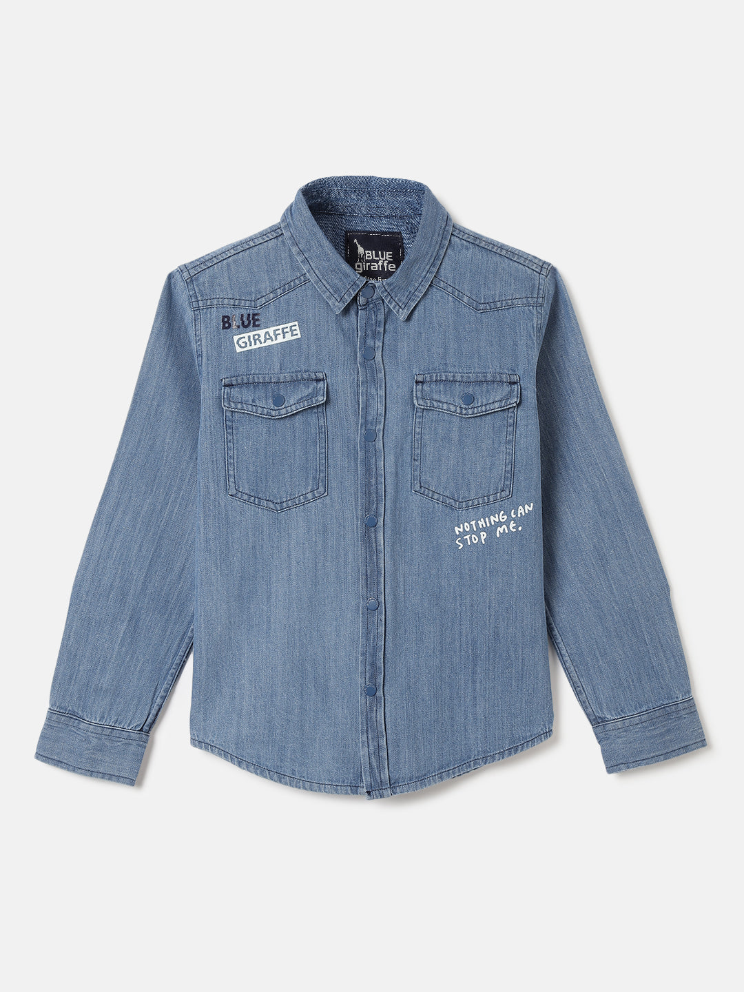 Blue Giraffe Boys Mid Blue Washed Spread Collar Full Sleeves Shirt