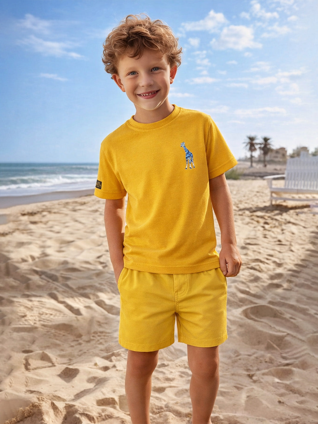 Blue Giraffe Boys Yellow Solid Round Neck Short Sleeve Tshirt
