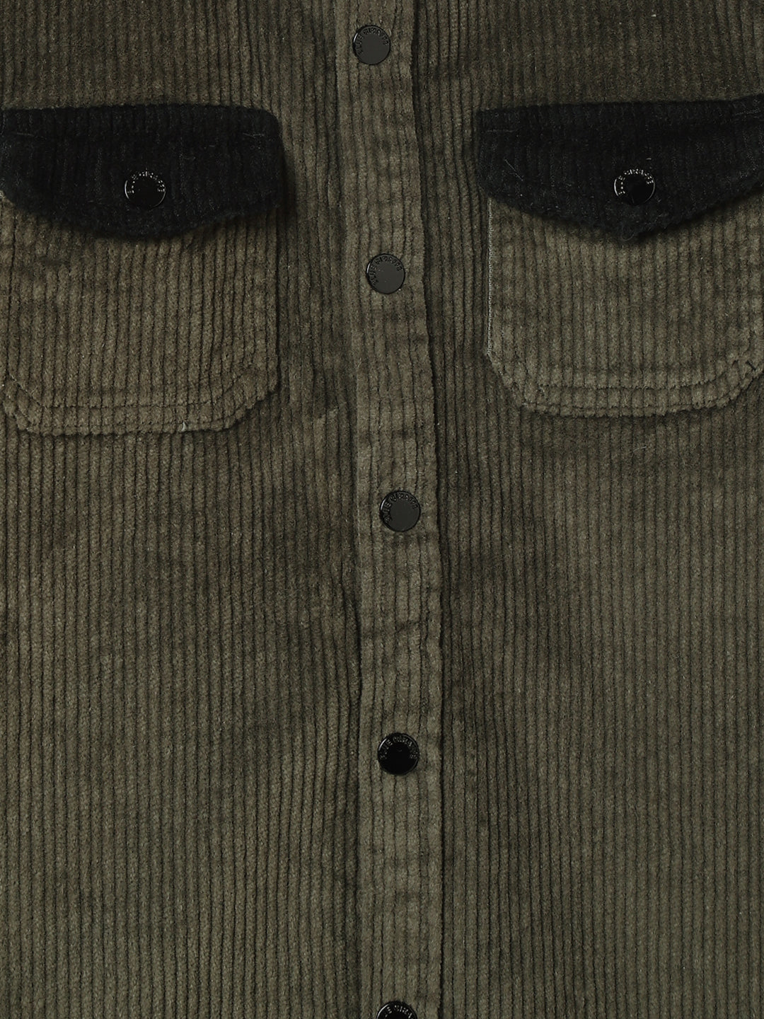 Blue Giraffe Boys Olive-Black Solid Spread Collar Full Sleeves Corduroy Shacket