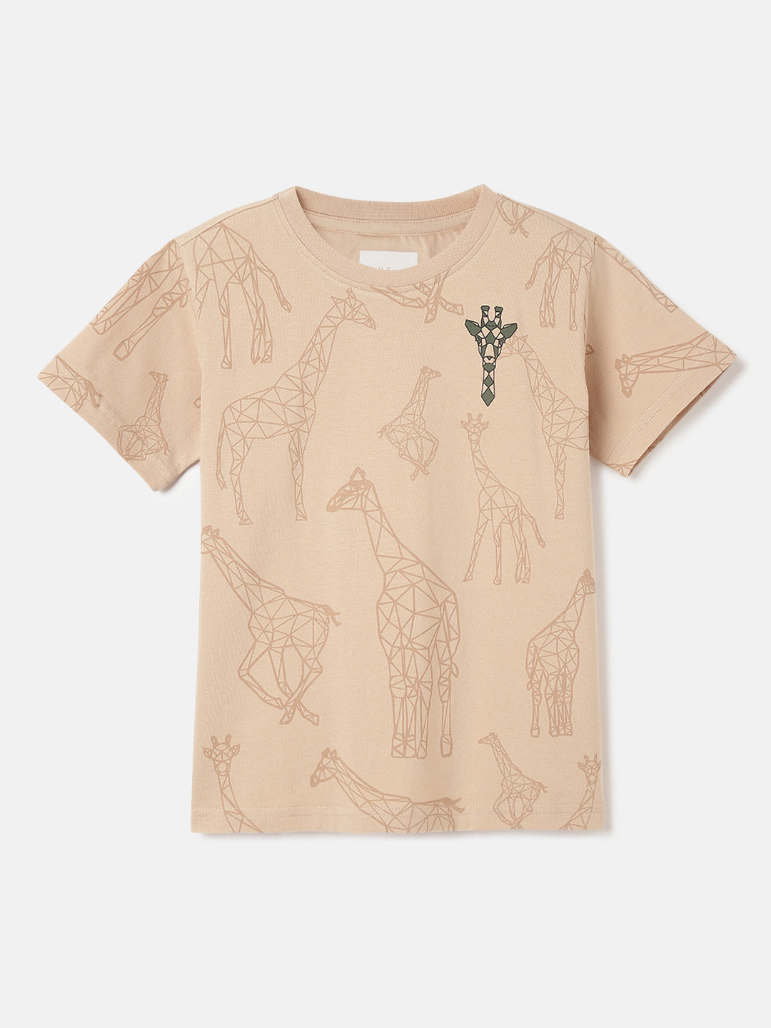 Blue Giraffe Boys Beige Animal Print Round Neck Short Sleeves Tshirt