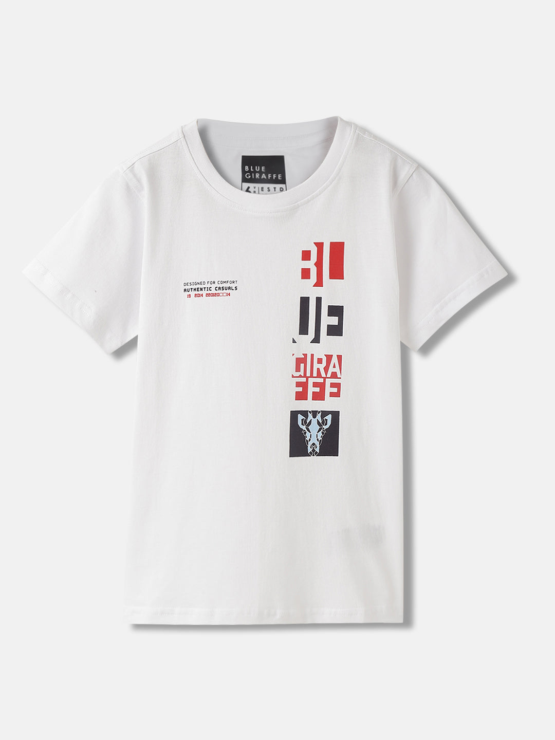 Blue Giraffe Boys White Printed Round Neck Short Sleeves Tshirt