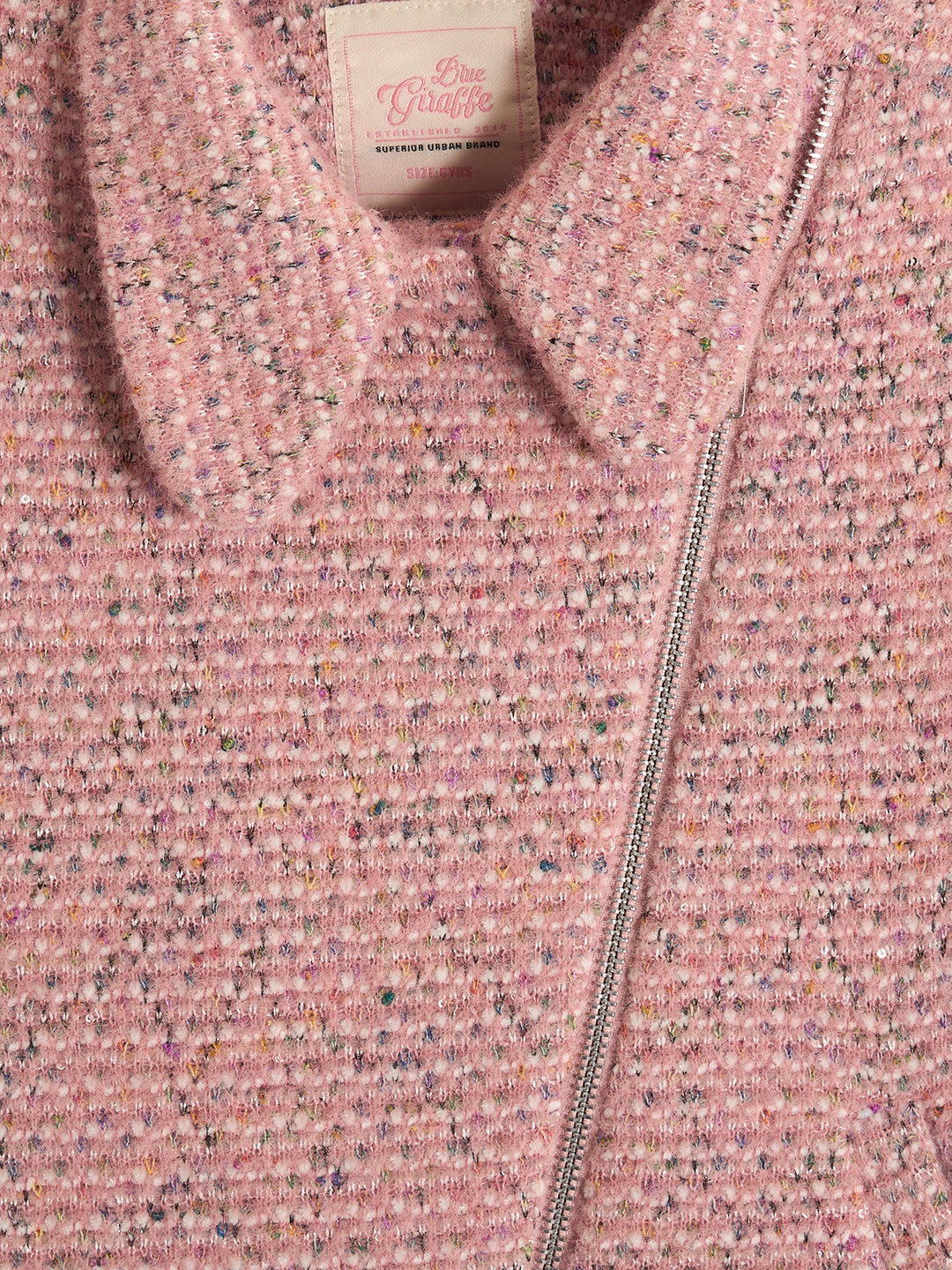 Blue Giraffe Girls Pink Self Design Spread Collar Full Sleeves Tweed Jacket