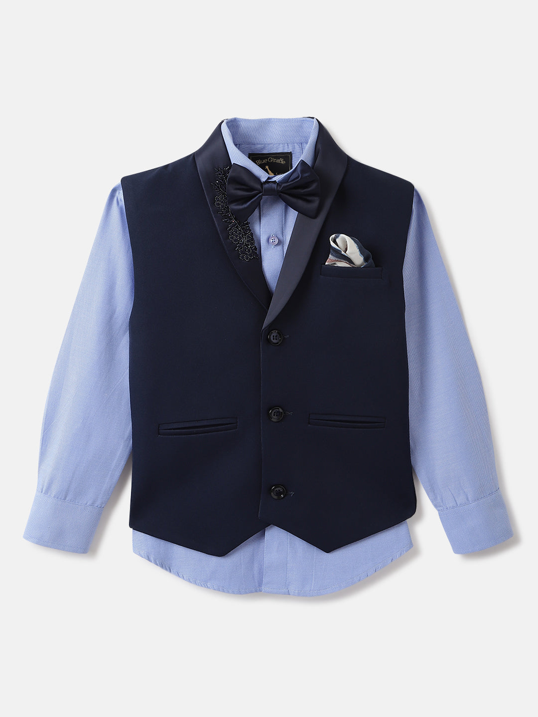 Blue Giraffe Boys Blue Solid Waistcoat: Shawl Collar, Shirt- Spread Collar Waistcoat: Sleeveless, Shirt- Full Sleeves Waist Coat Set