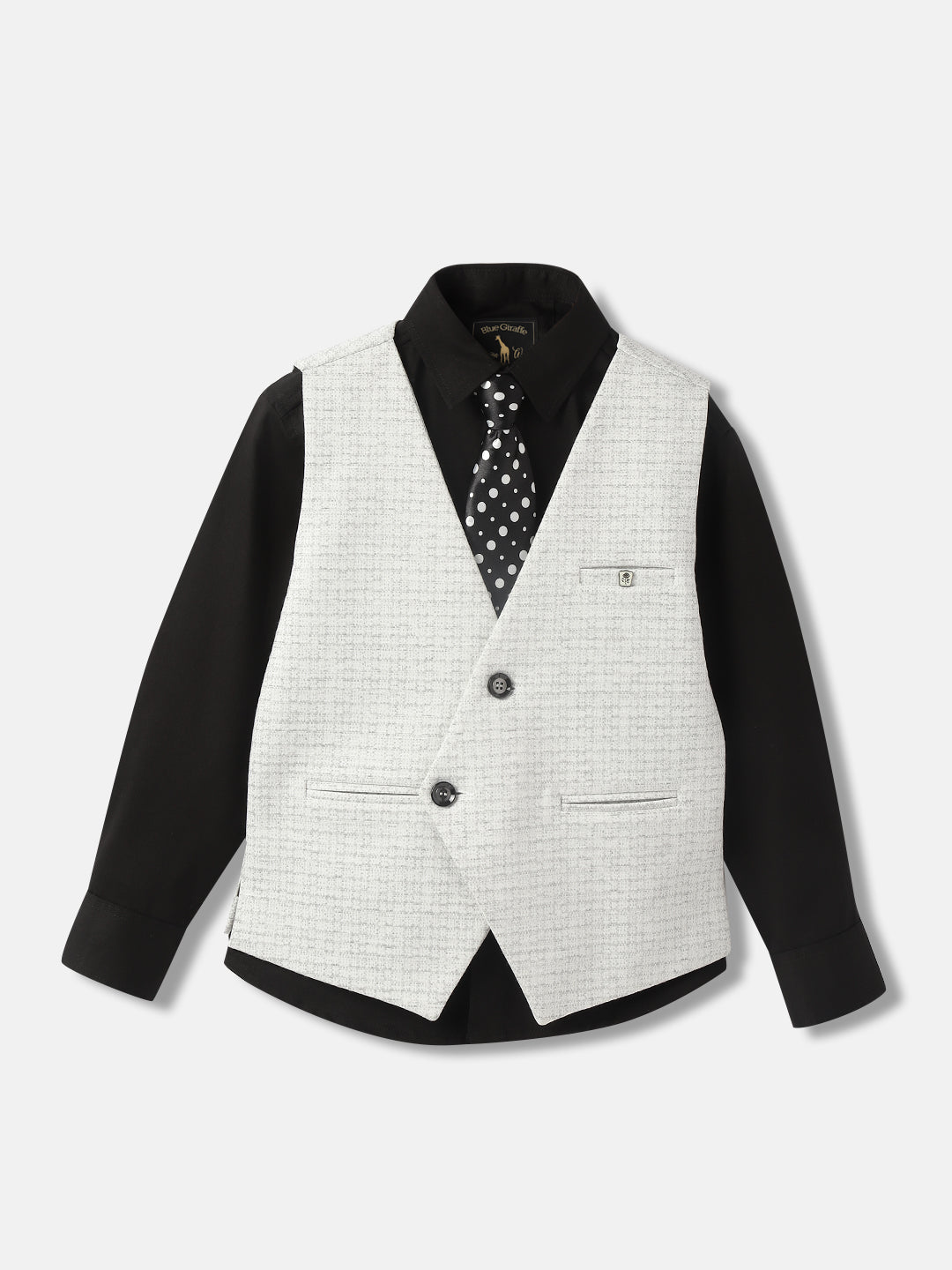 Blue Giraffe Boys Black and White Self Design Spread Collar Full Sleeves Waist Coat Set
