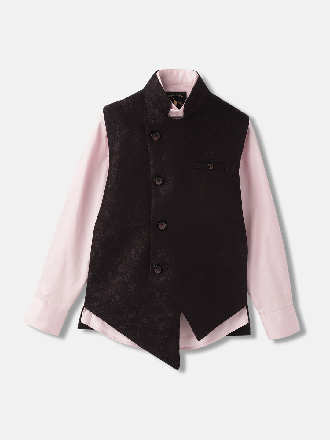 Blue Giraffe Boys Wine Self Design Spread Collar Full Sleeves Waist Coat Set