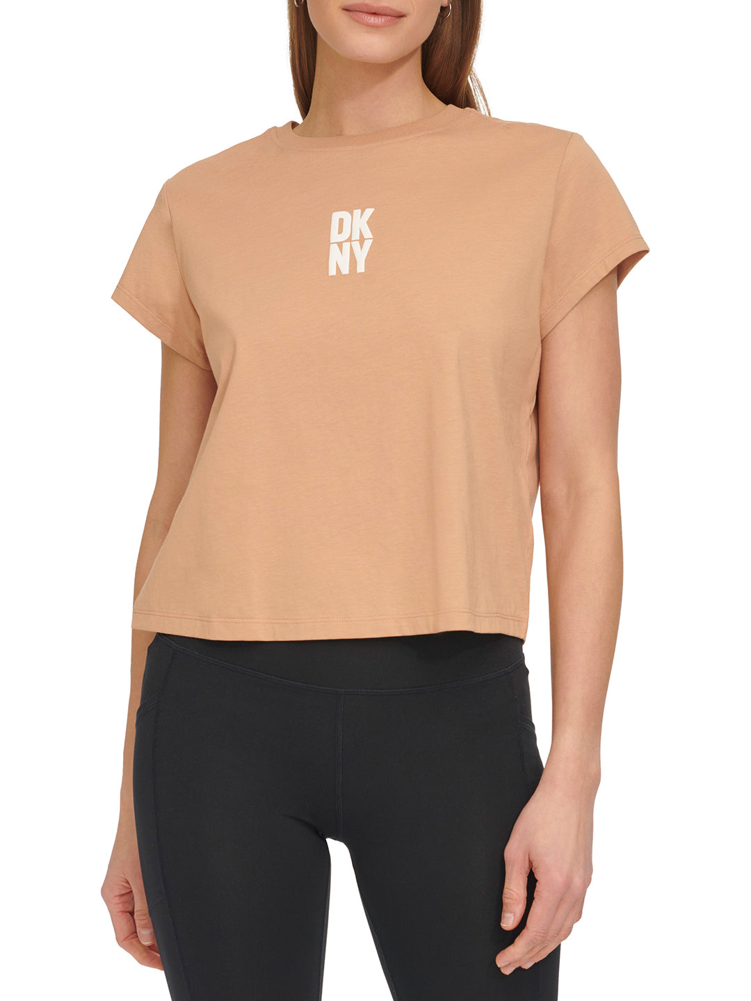 Dkny Women Brown Solid Round Neck Short Sleeves Tshirt