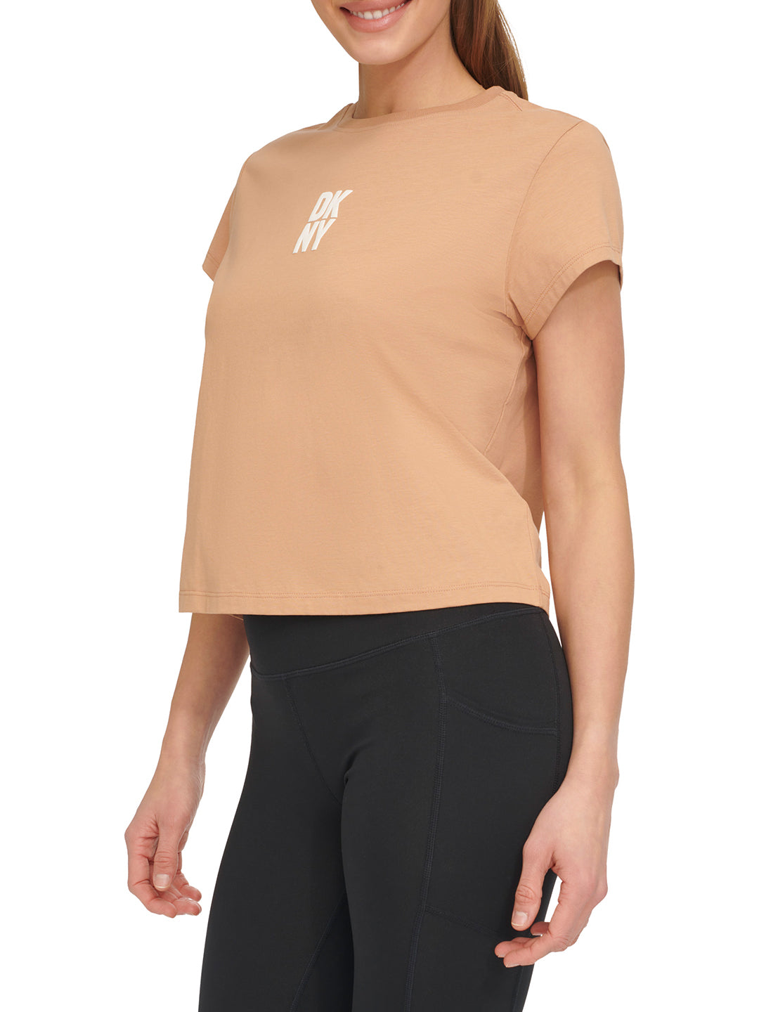 Dkny Women Brown Solid Round Neck Short Sleeves Tshirt