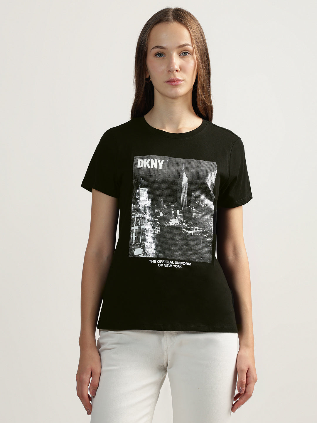 DKNY Women Black Embellished Round Neck Short Sleeves Tshirt