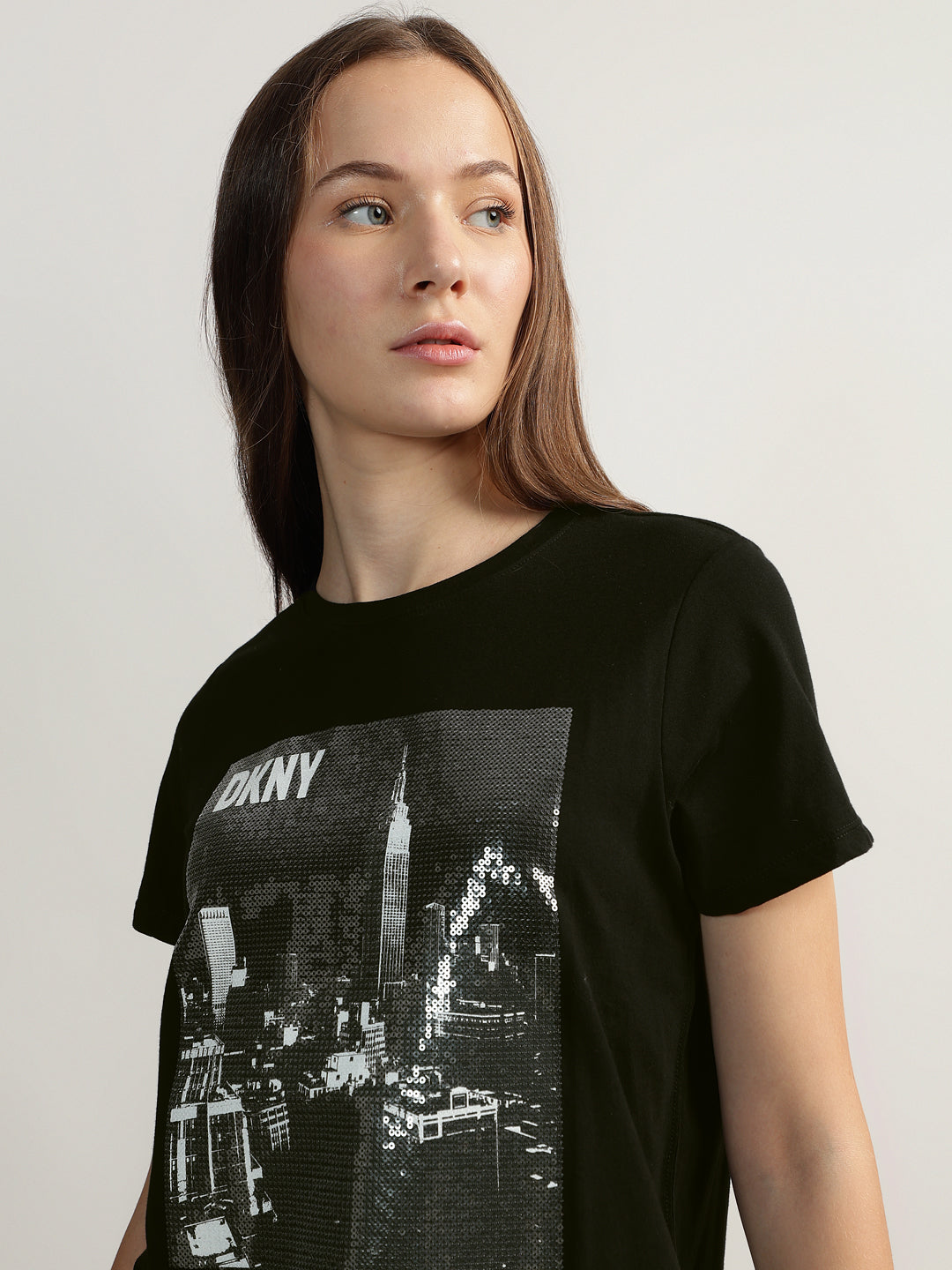 DKNY Women Black Embellished Round Neck Short Sleeves Tshirt