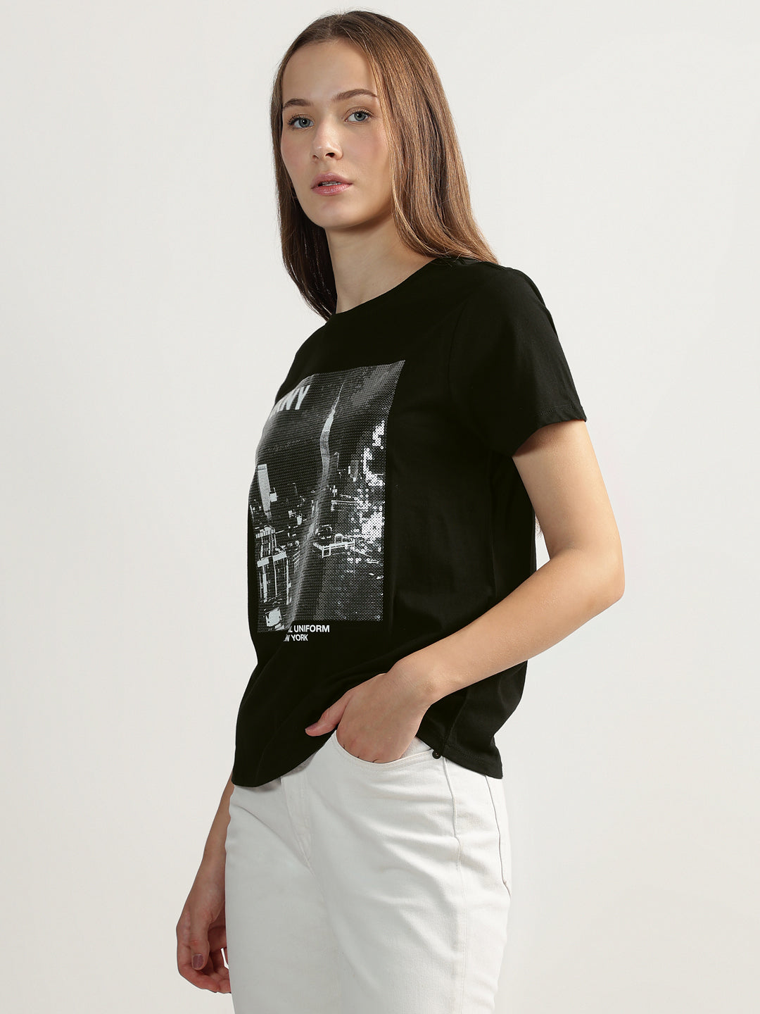 DKNY Women Black Embellished Round Neck Short Sleeves Tshirt