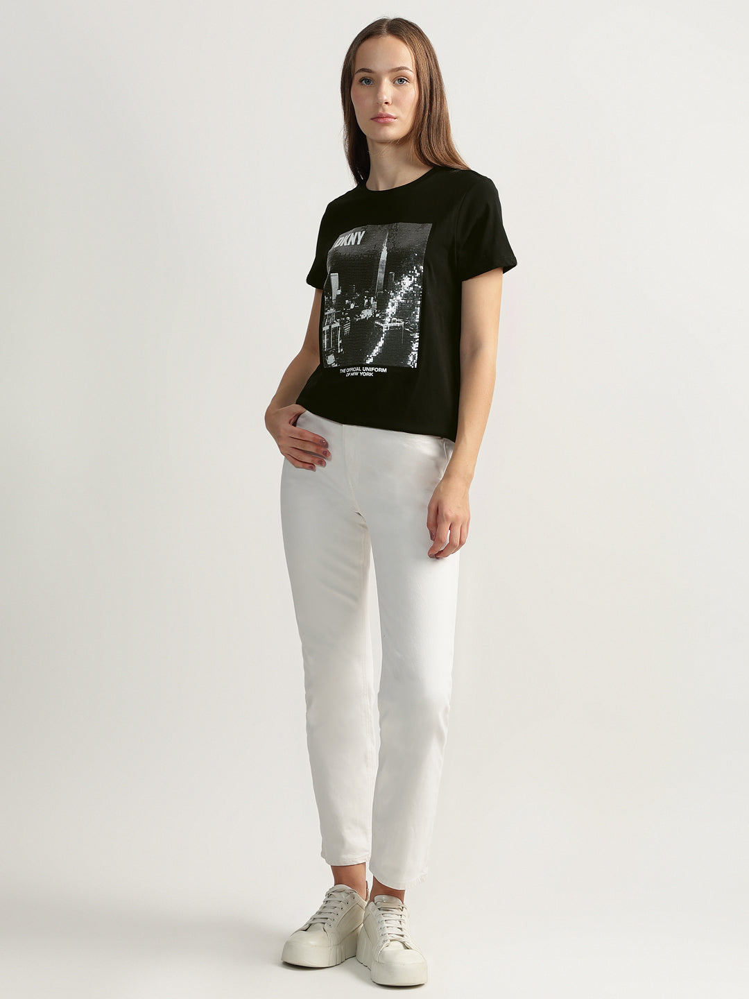 DKNY Women Black Embellished Round Neck Short Sleeves Tshirt