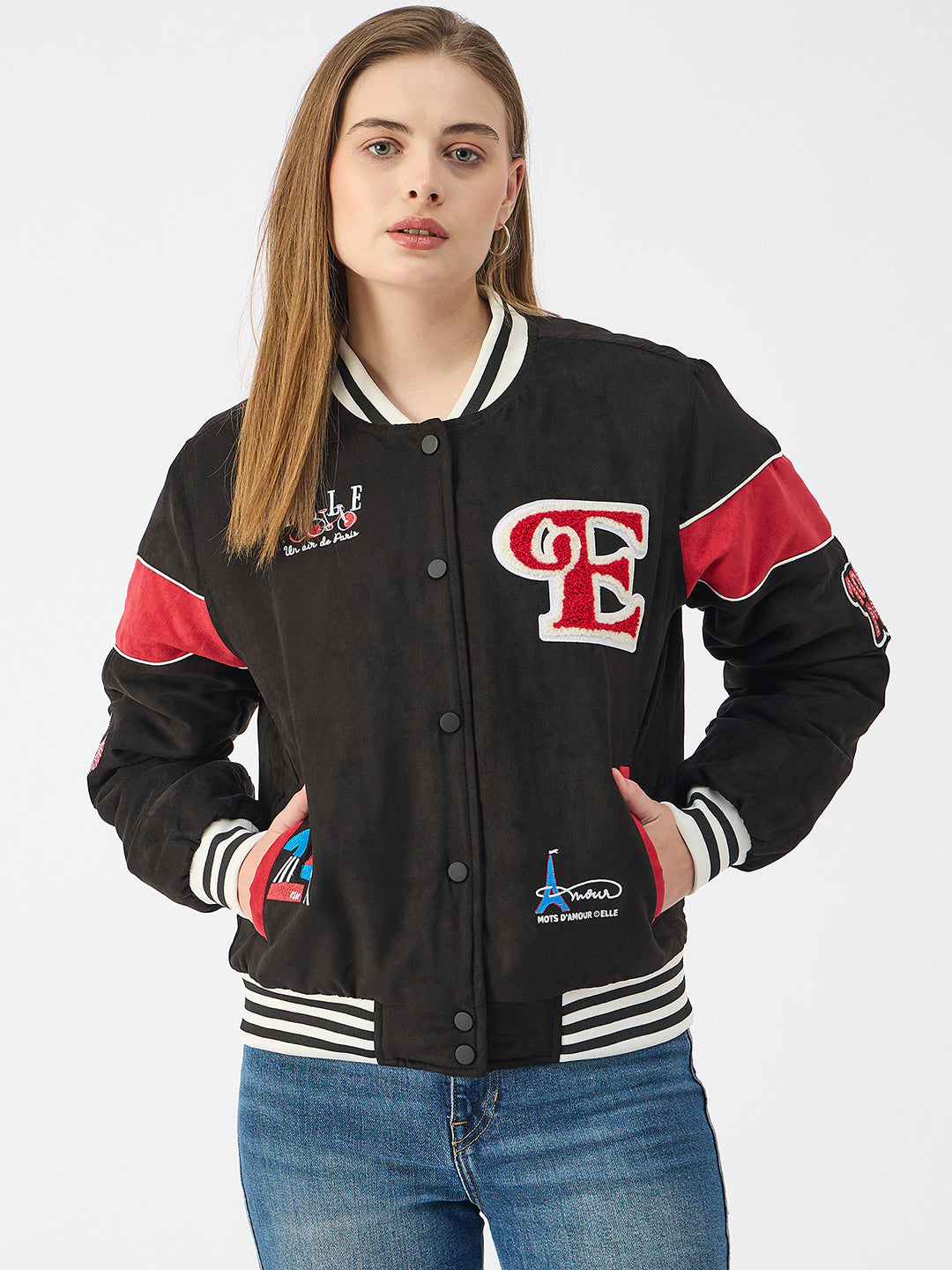 Elle Women Black Stand Collar Full Sleeves Varsity Jacket