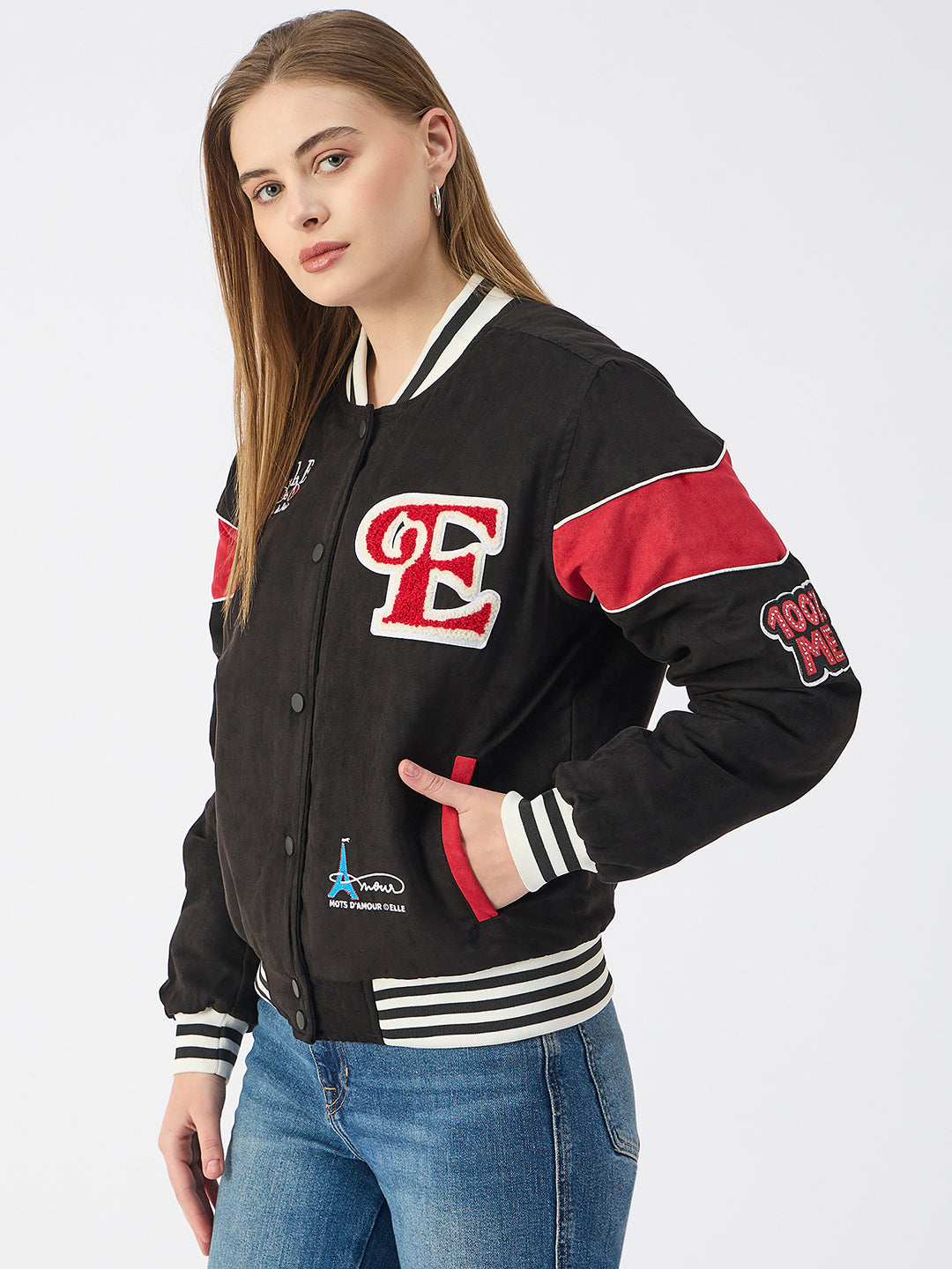 Elle Women Black Stand Collar Full Sleeves Varsity Jacket