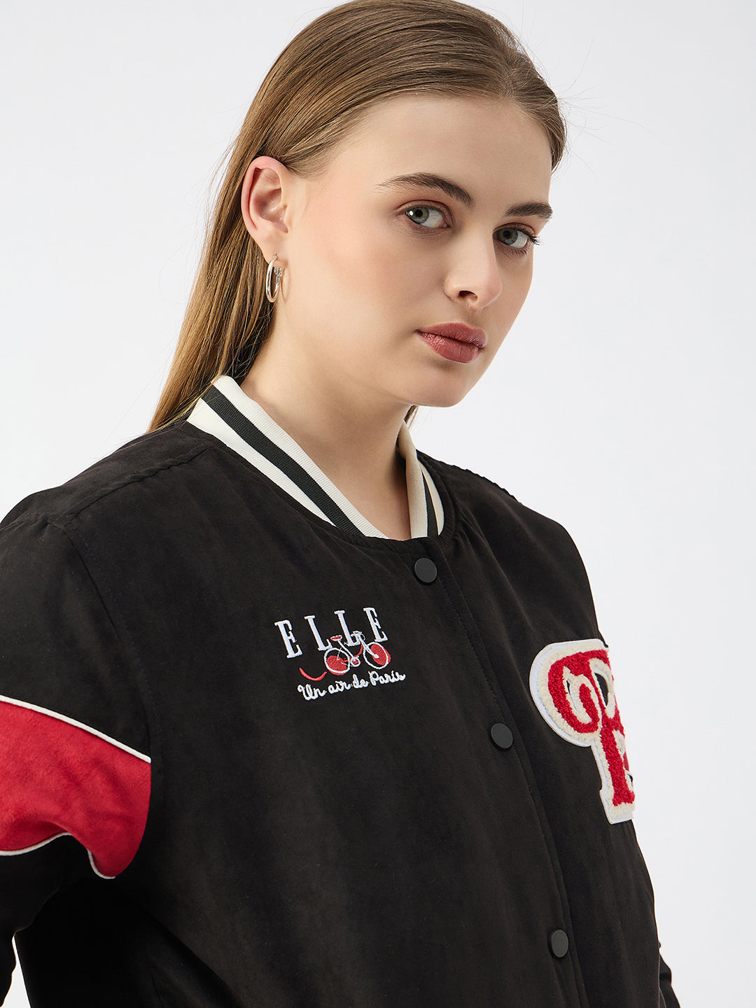 Elle Women Black Stand Collar Full Sleeves Varsity Jacket