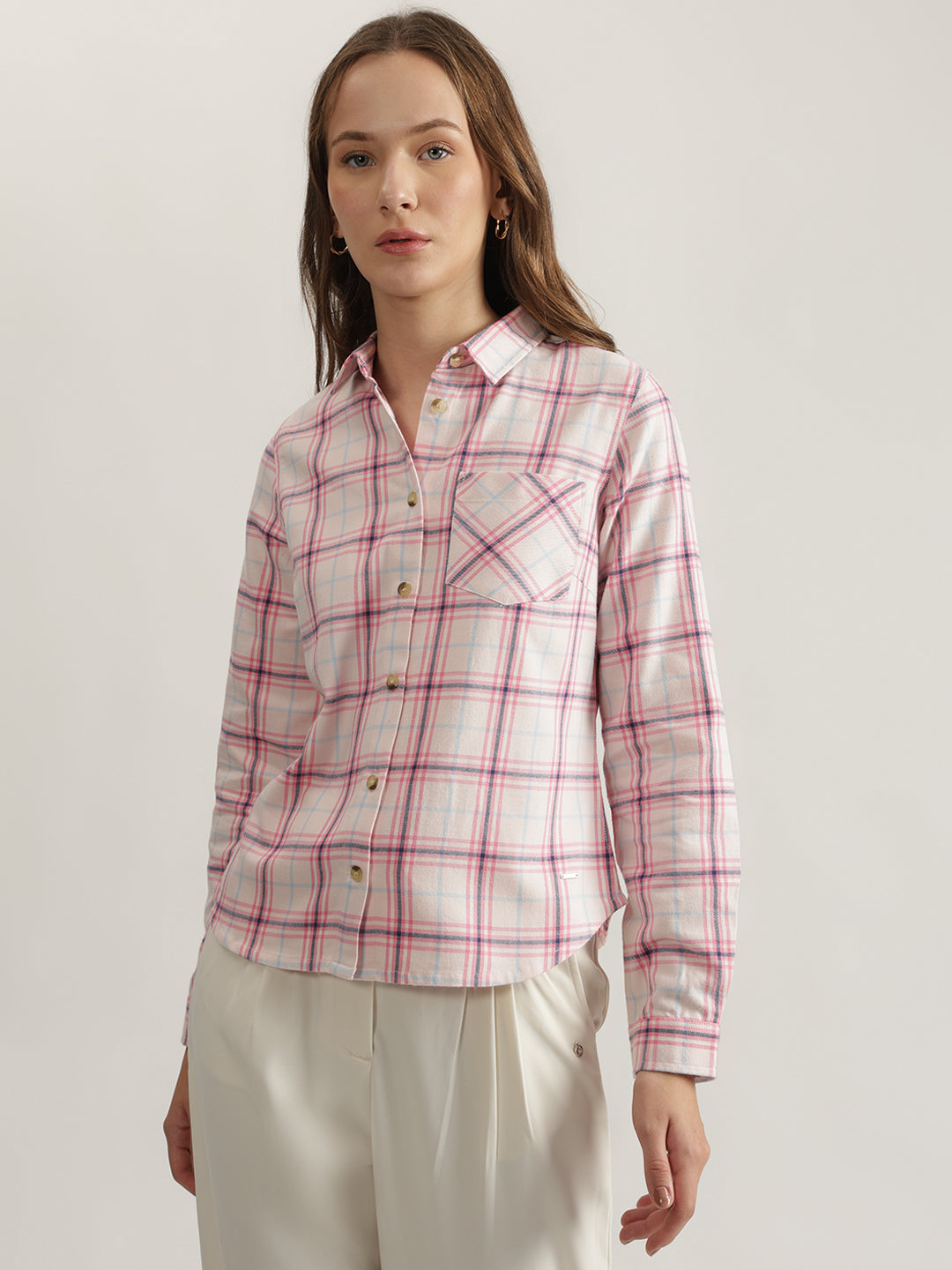 Shop Elle Women Pink Checked Spread Collar Full Sleeves Shirt Online