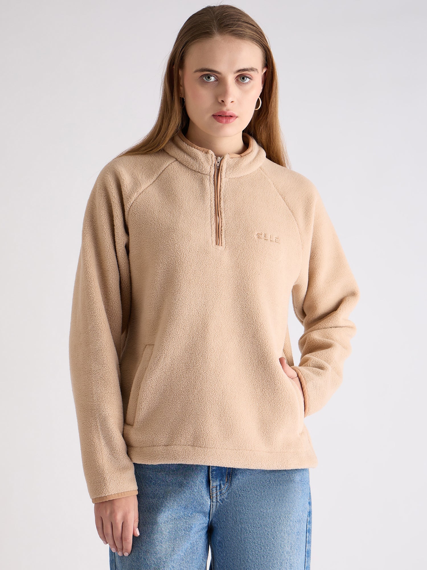 Shop Elle Women Beige Self-Design Mock Neck Full Sleeves