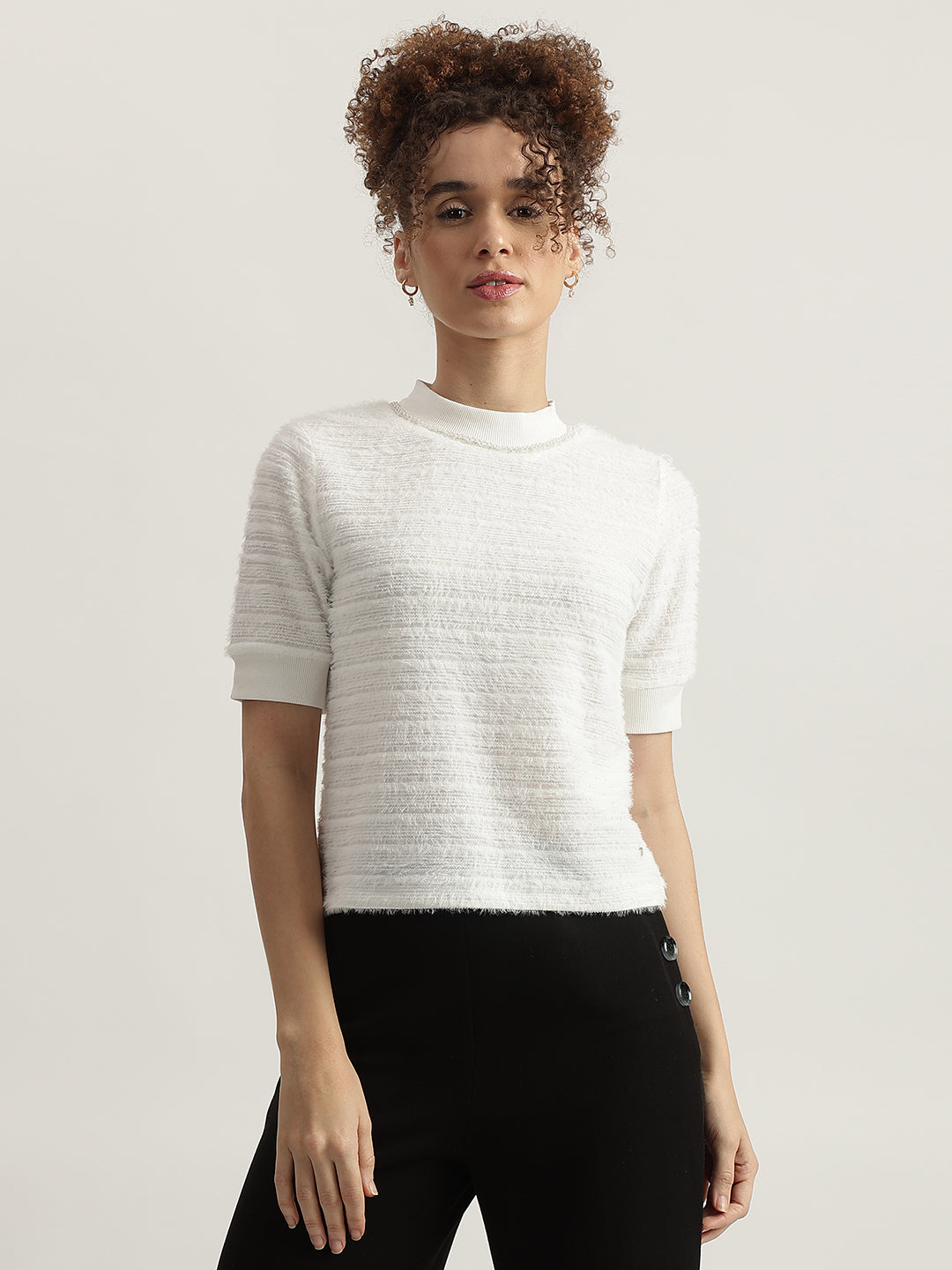 Elle Women White Solid High Neck Short Sleeves Tshirt