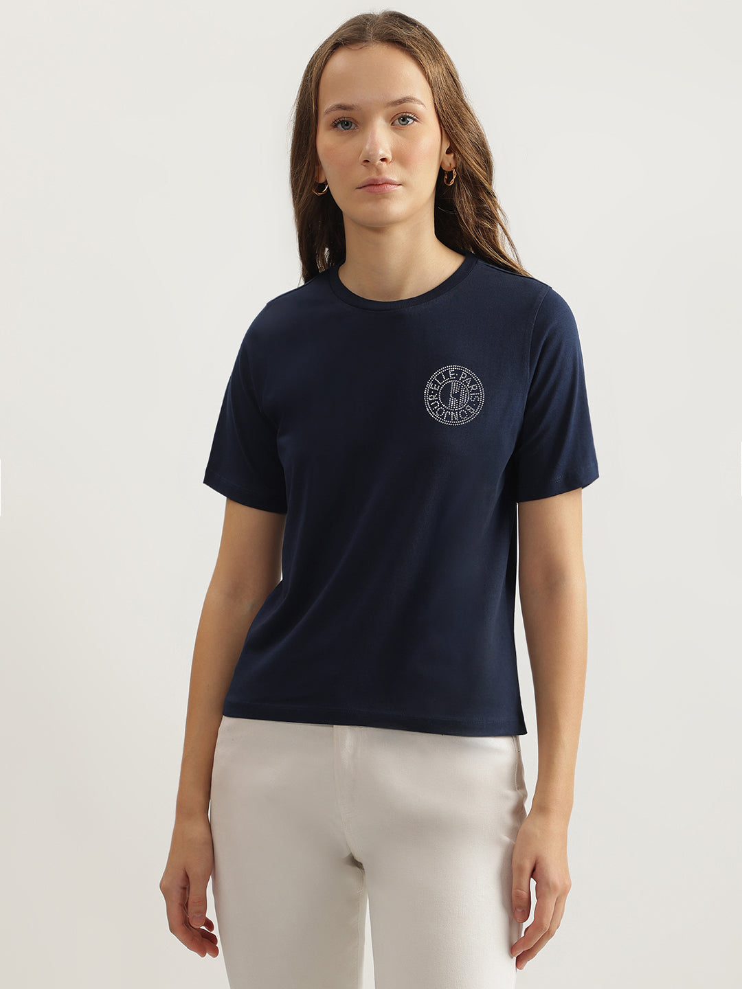Elle Women Navy Blue Solid Round Neck Short Sleeves Tshirt