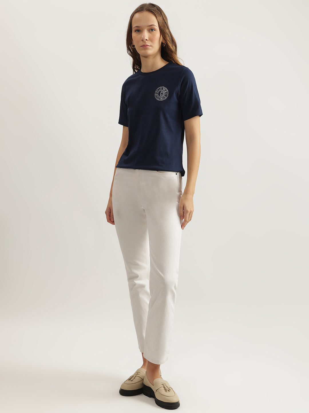 Elle Women Navy Blue Solid Round Neck Short Sleeves Tshirt