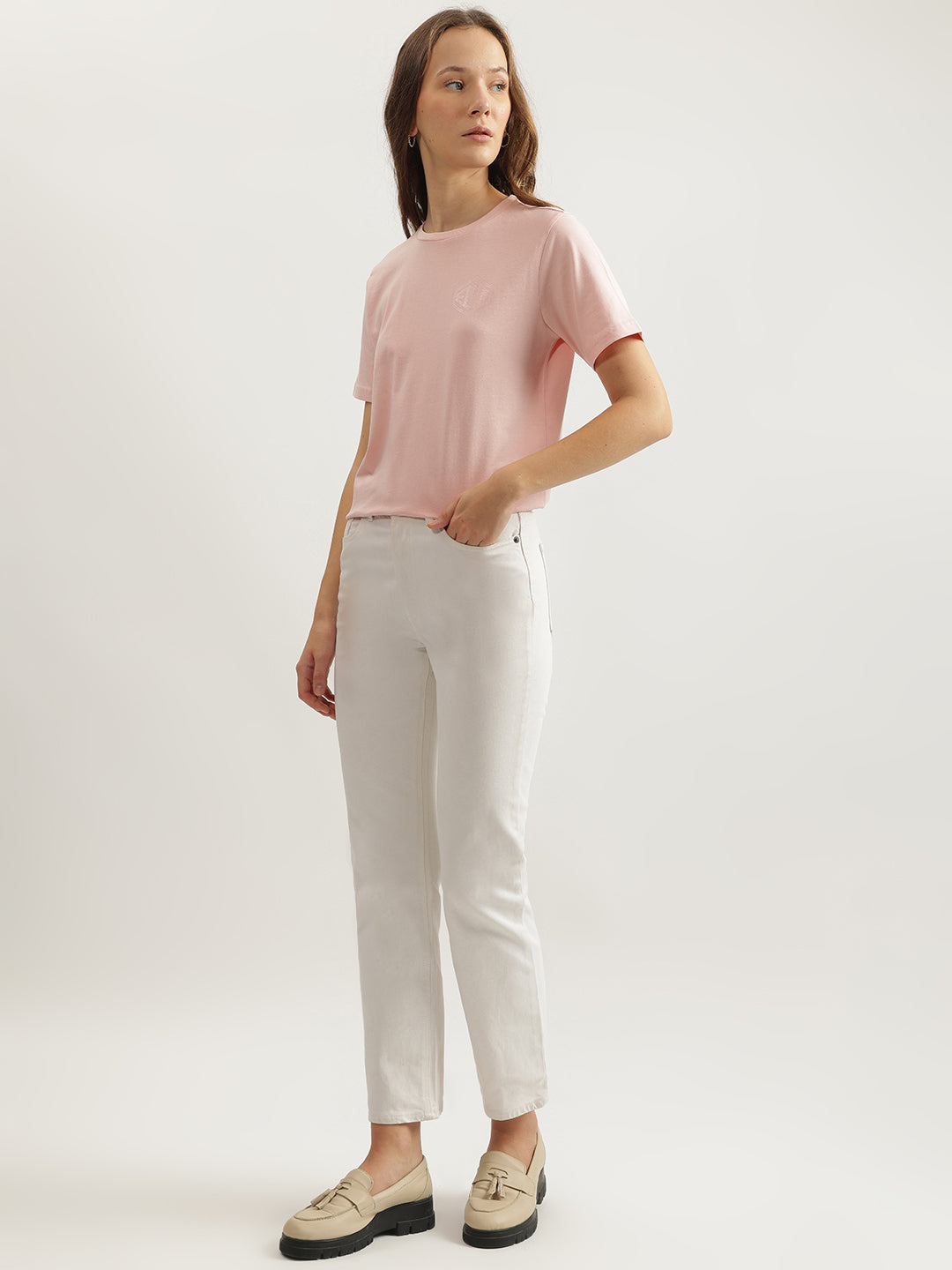 Elle Women Pink Solid Round Neck Short Sleeves Tshirt