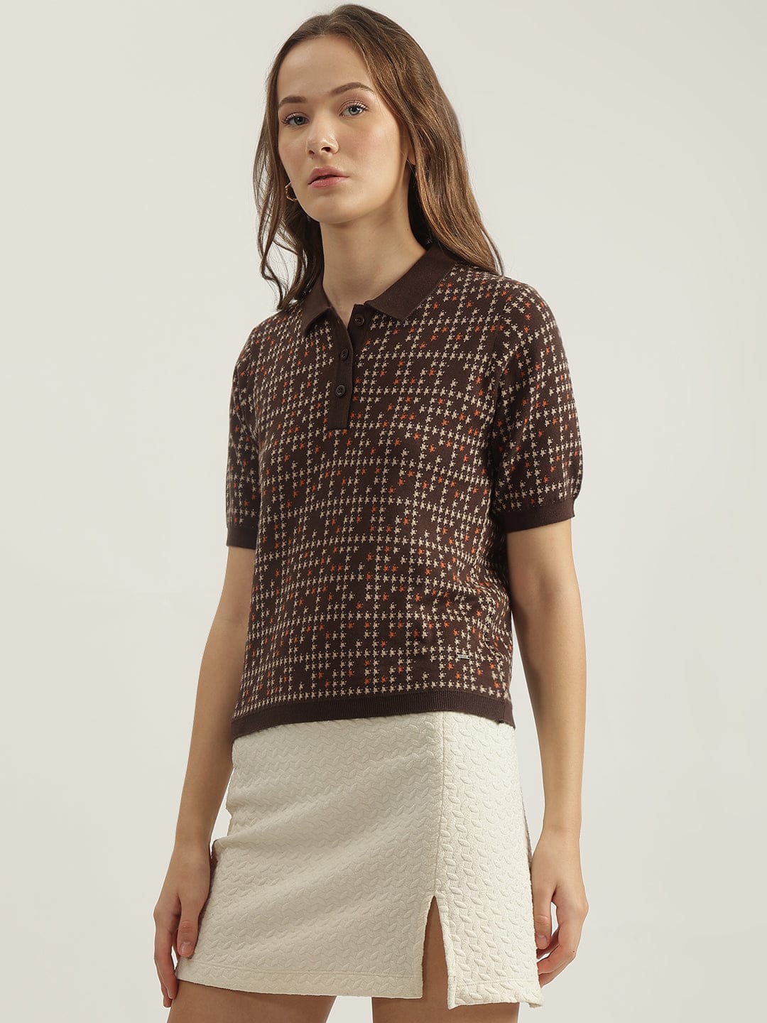 Elle Women Brown Geometric Print Collar Tshirt
