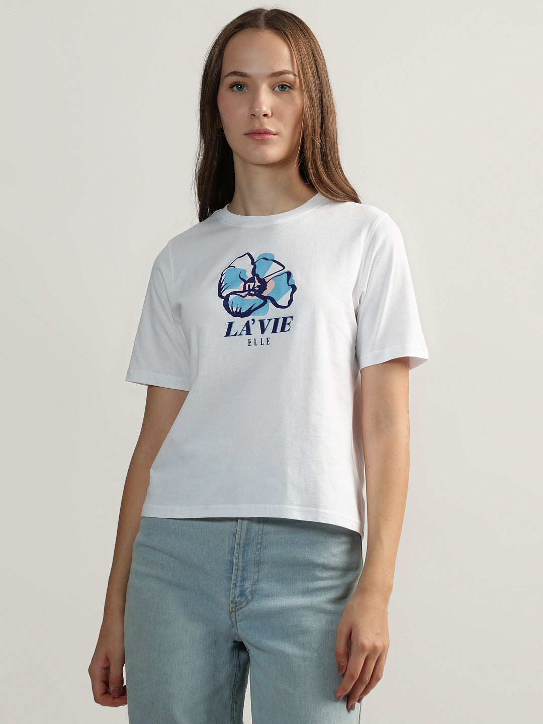 Elle Women Off White Printed Round Neck Short Sleeves Tshirt