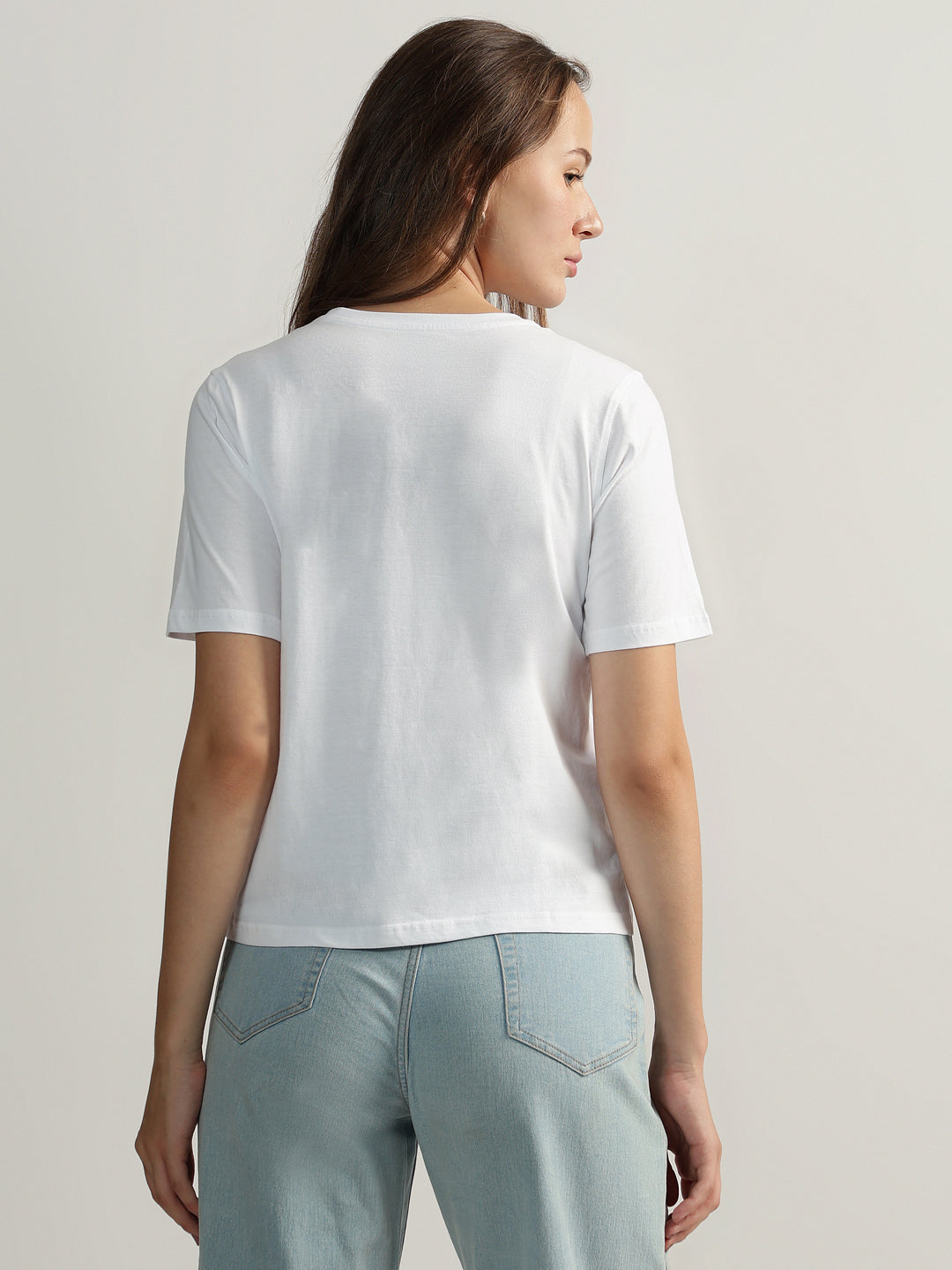 Elle Women Off White Printed Round Neck Short Sleeves Tshirt