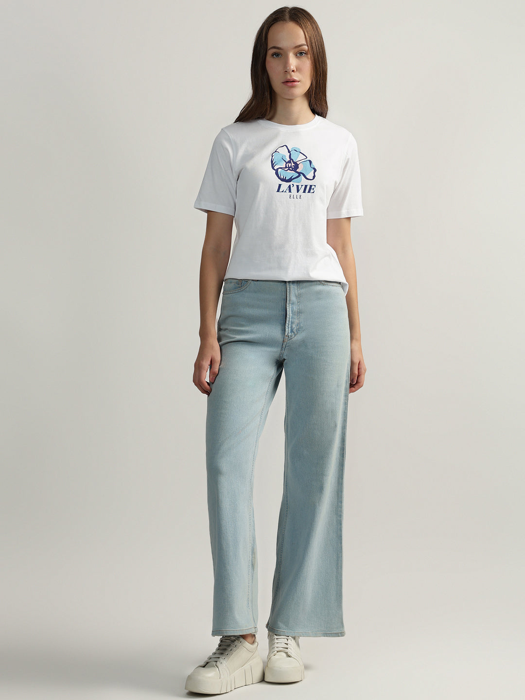 Elle Women Off White Printed Round Neck Short Sleeves Tshirt