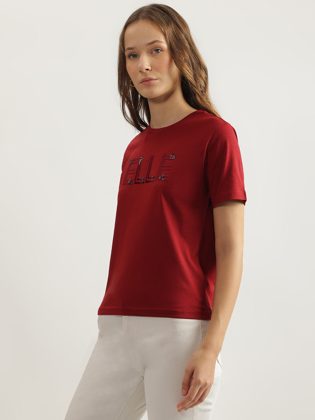 Elle Women Red Solid Round Neck Short Sleeves Tshirt