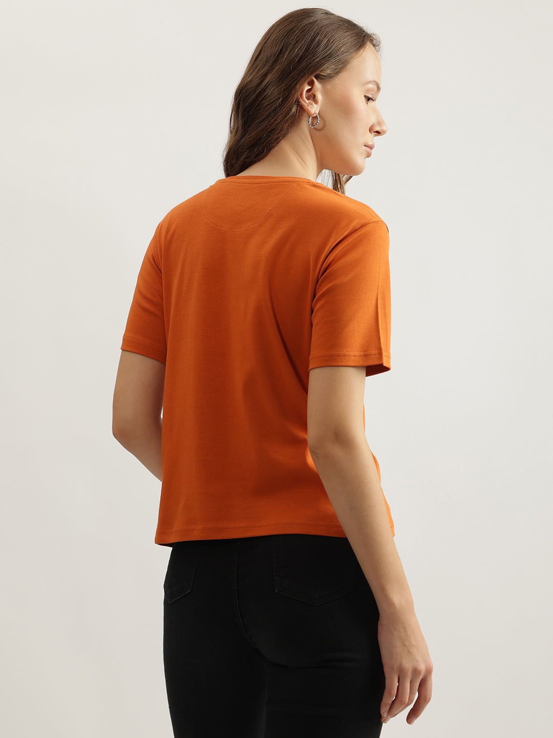 Elle Women Rust Solid Round Neck Short Sleeves Tshirt