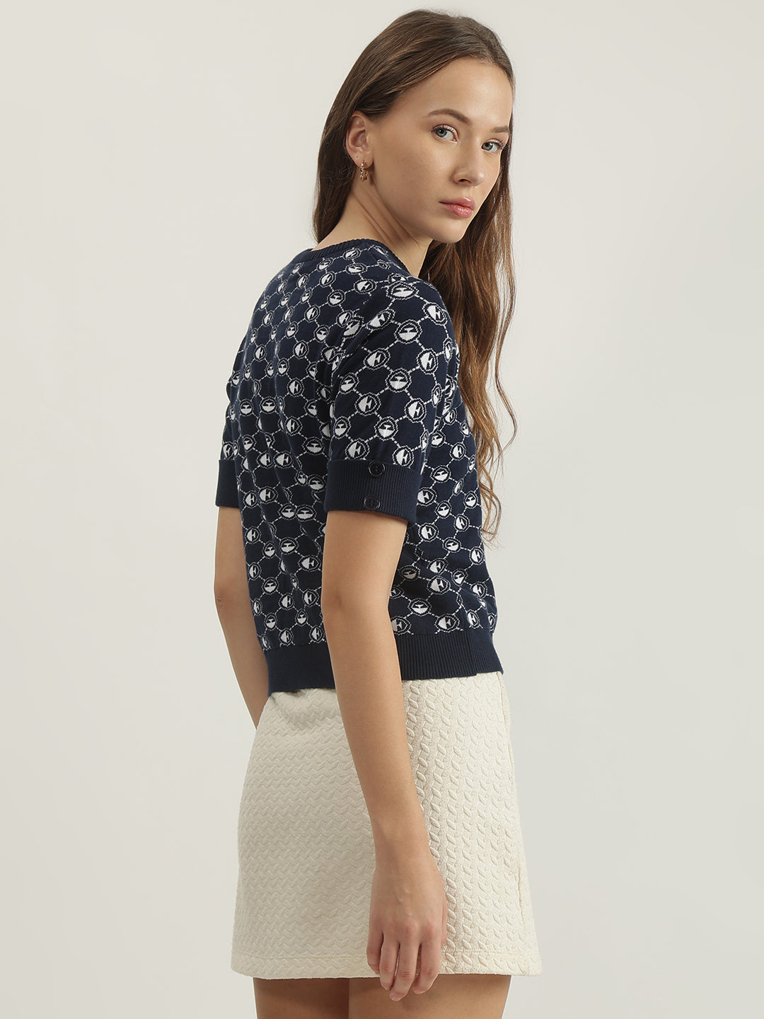 Elle Women Navy Blue Printed Round Neck Short Sleeves Tshirt