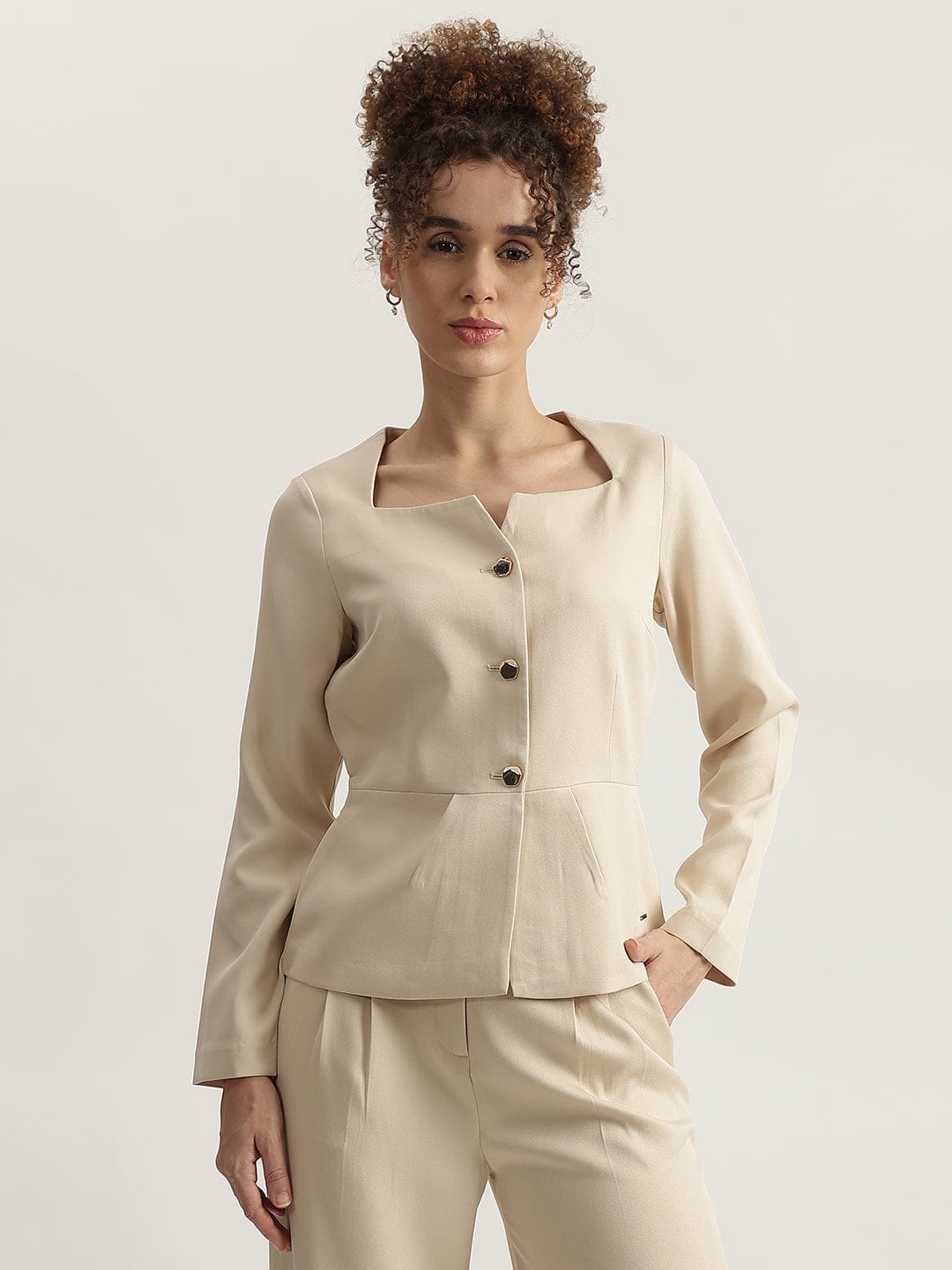 Elle Women Beige Solid Square Neck Top