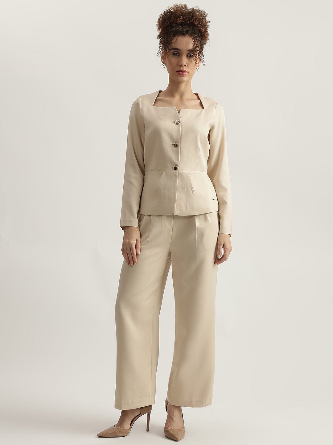 Elle Women Beige Solid Square Neck Top