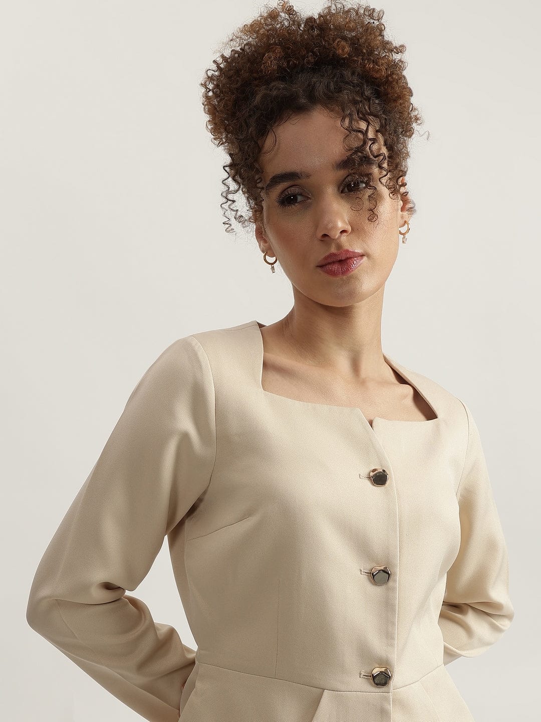 Elle Women Beige Solid Square Neck Top