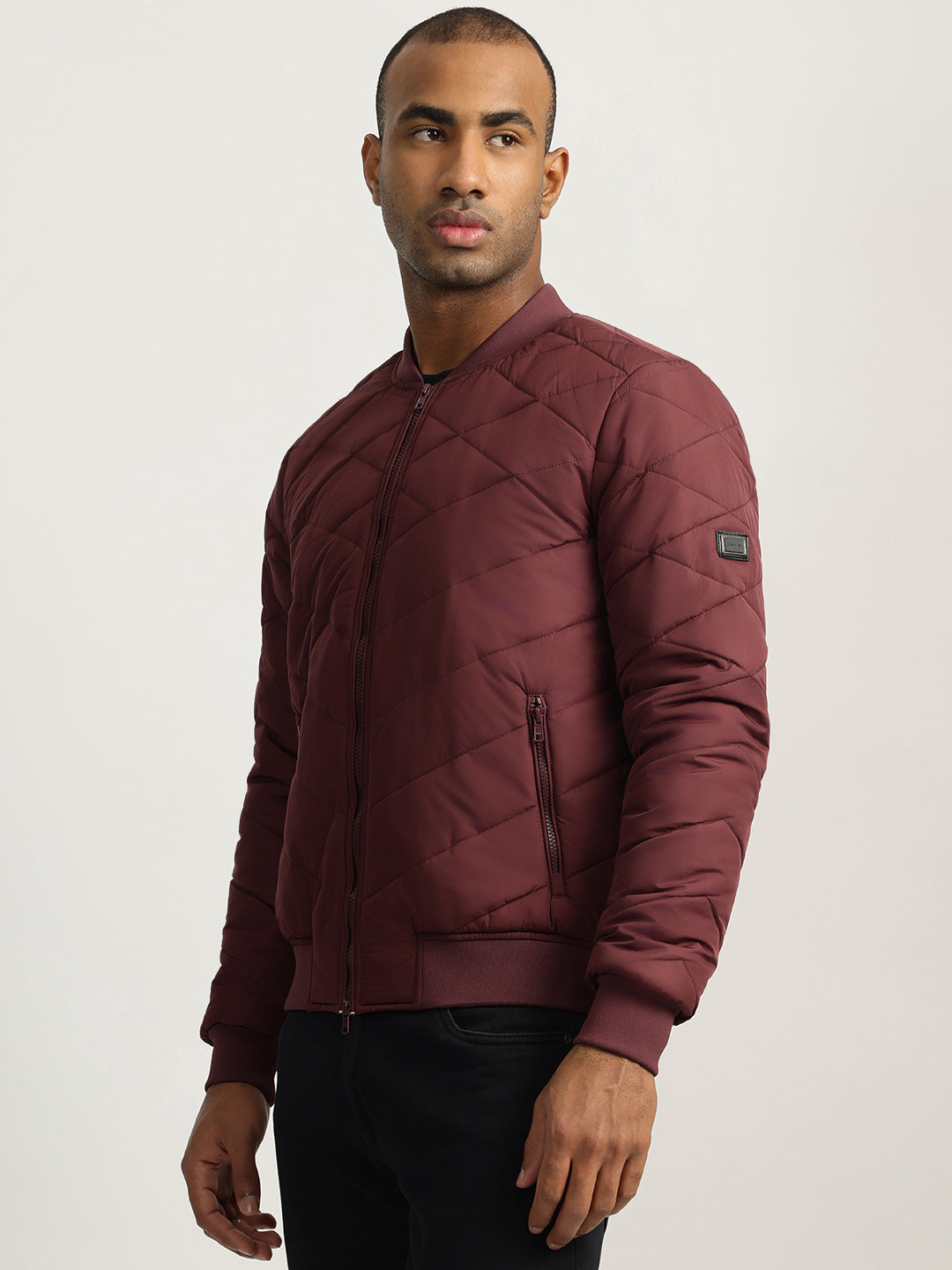 Iconic Men Red Solid Stand Collar Full Sleeves Quilted Jacket