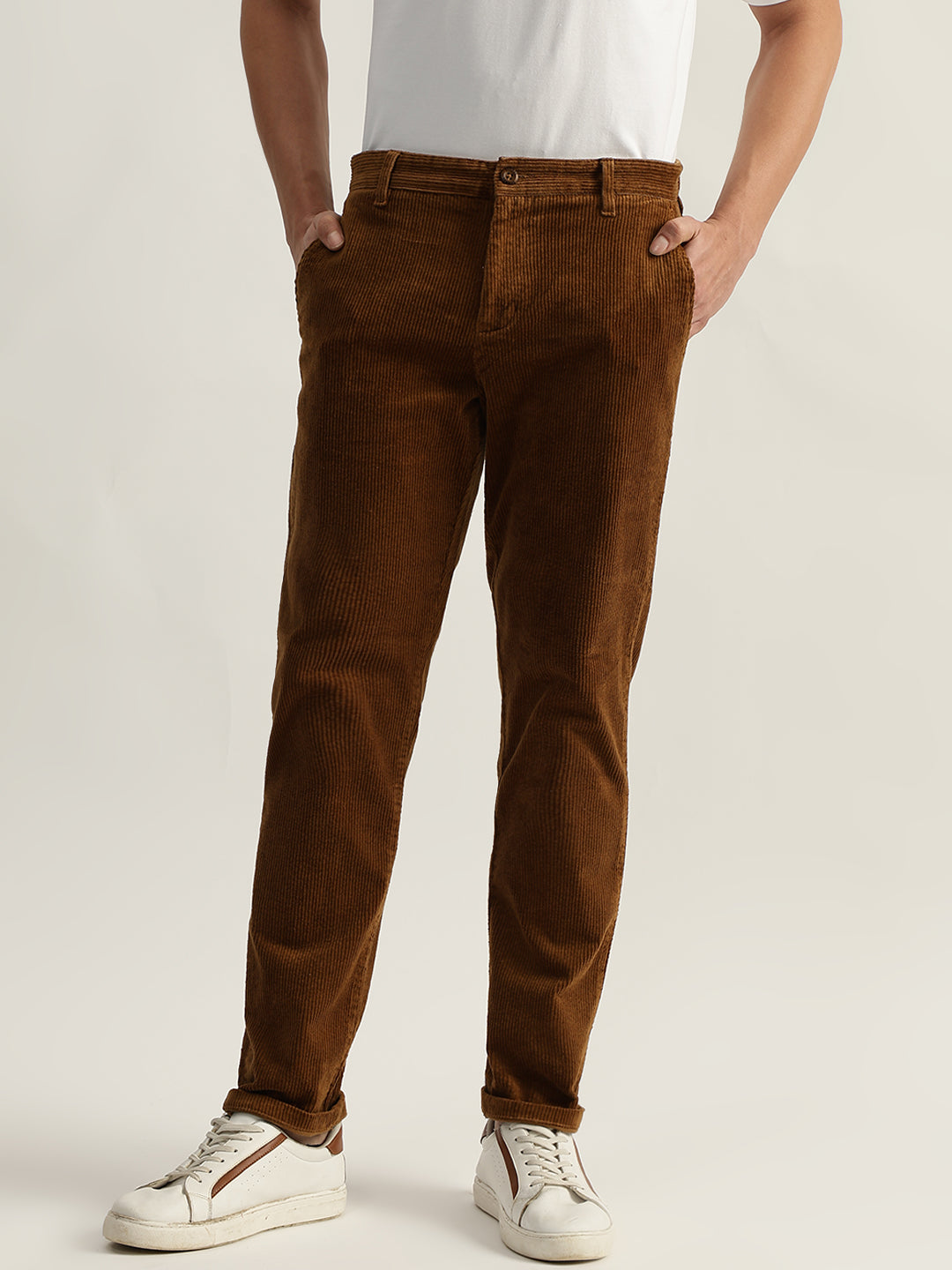 Shop Iconic Men Brown Solid Regular Fit Corduroy Flat-Front