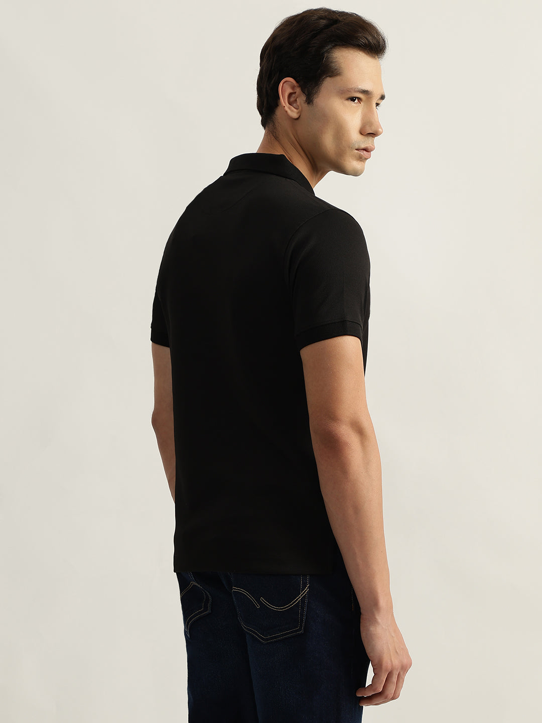 Iconic Men Black Solid Polo Collar Short Sleeves Tshirt