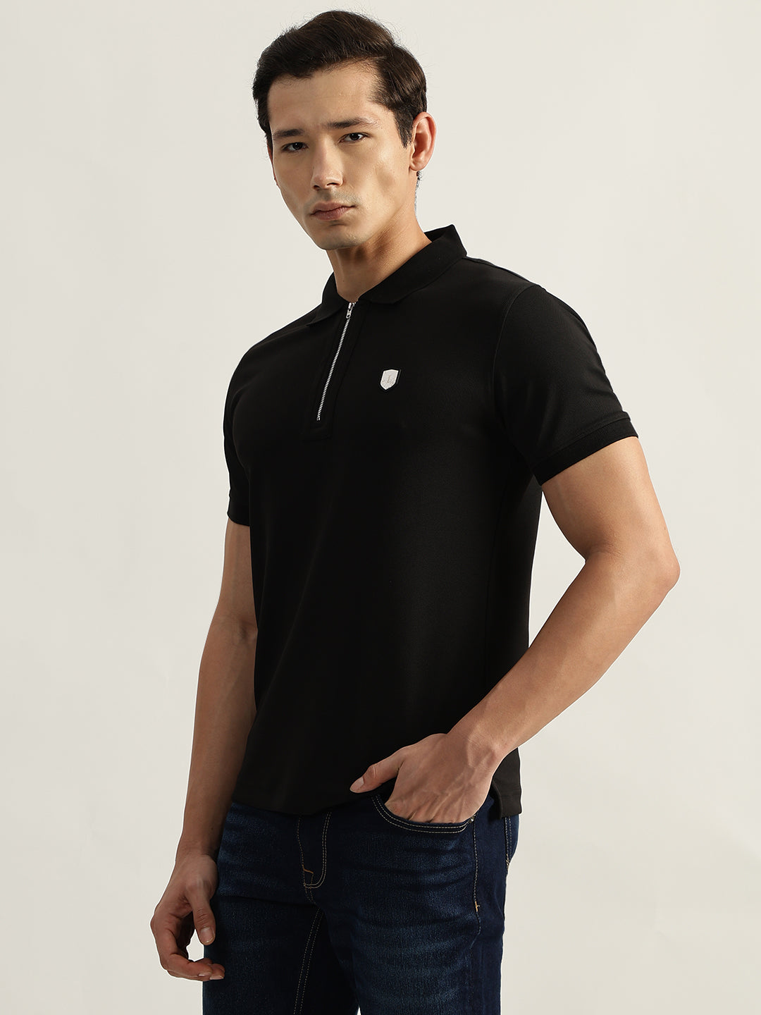 Iconic Men Black Solid Polo Collar Short Sleeves Tshirt