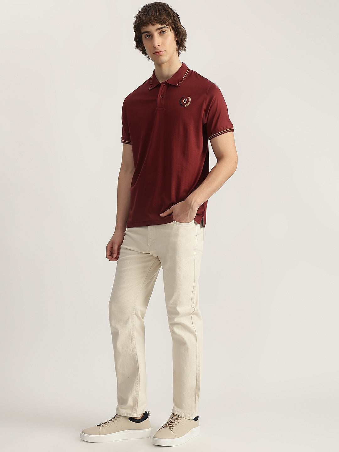 Iconic Men Red Solid Polo Neck Short Sleeves Tshirt