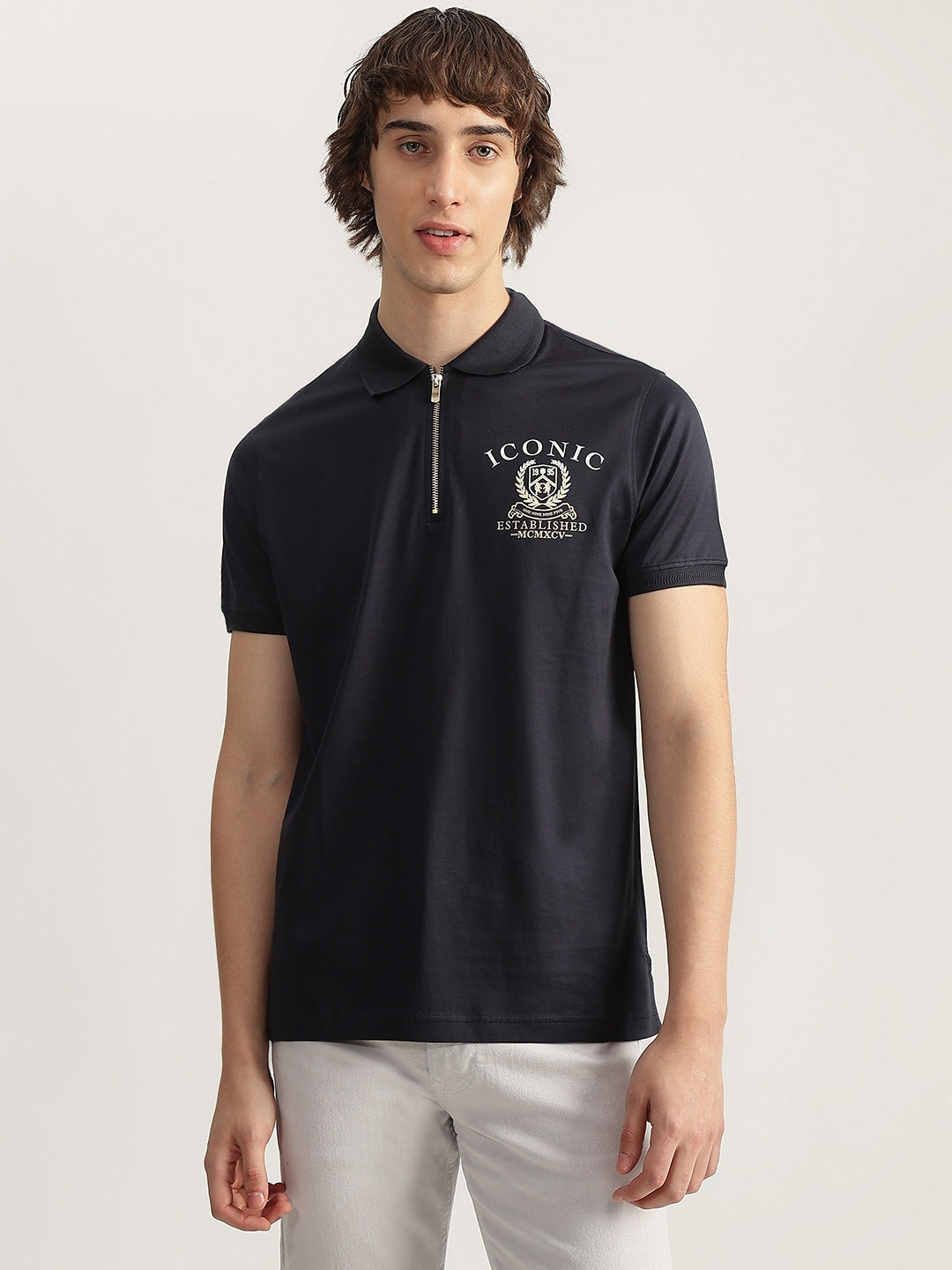 Iconic Men Navy Blue Solid Polo Neck Short Sleeves Tshirt